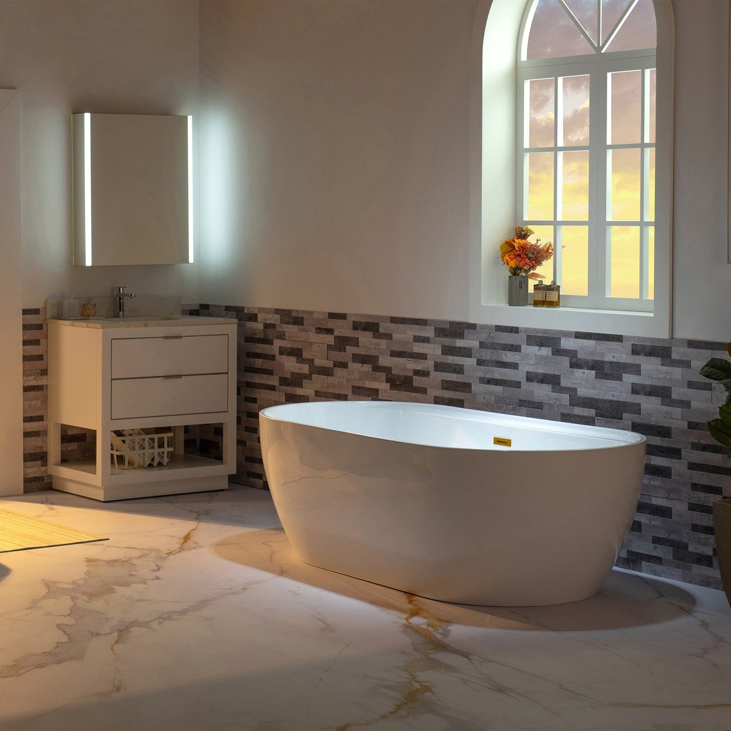 WoodBridge B0059 72" White Acrylic Freestanding Contemporary Soaking Bathtub With Brushed Gold Overflow, Drain, F-0007BGVT Tub Filler and Caddy Tray