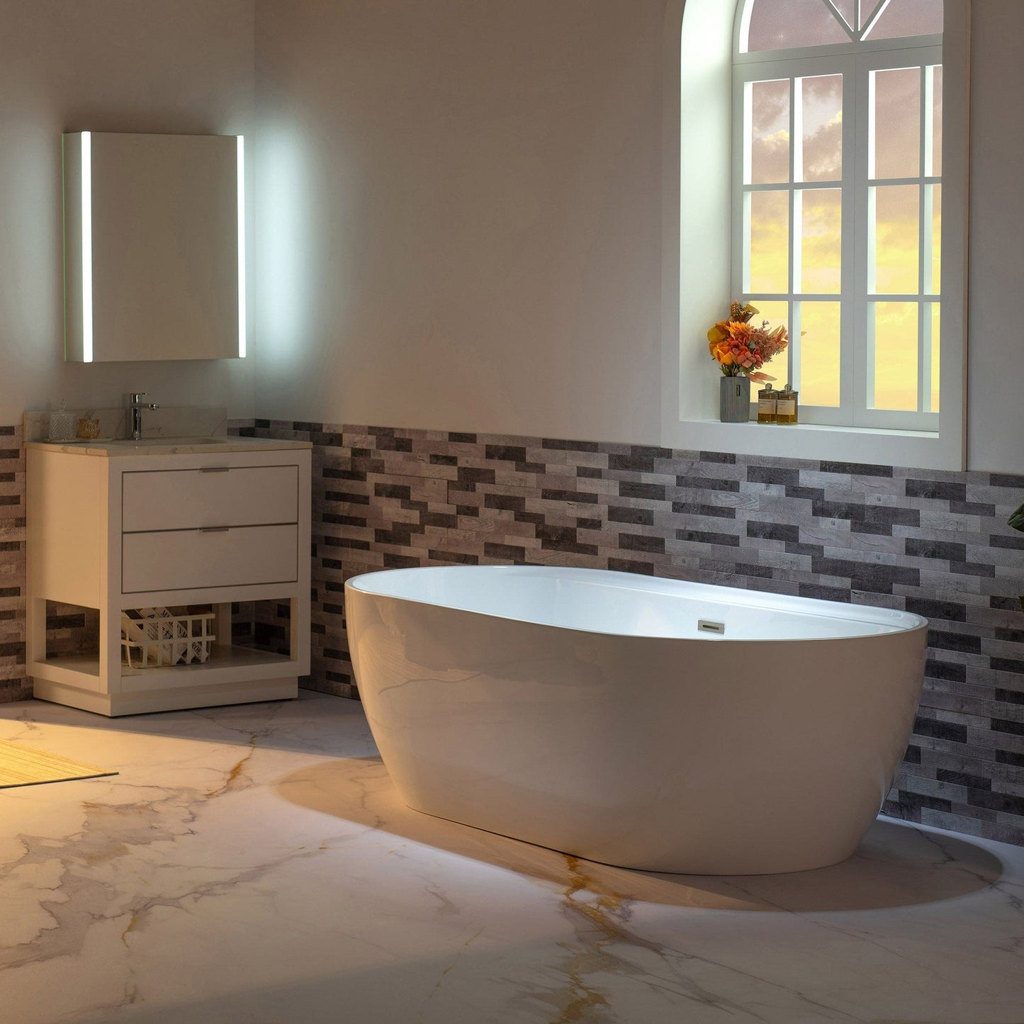 WoodBridge B0059 72" White Acrylic Freestanding Contemporary Soaking Bathtub With Brushed Nickel Overflow, Drain, F0070BNRD Tub Filler and Caddy Tray