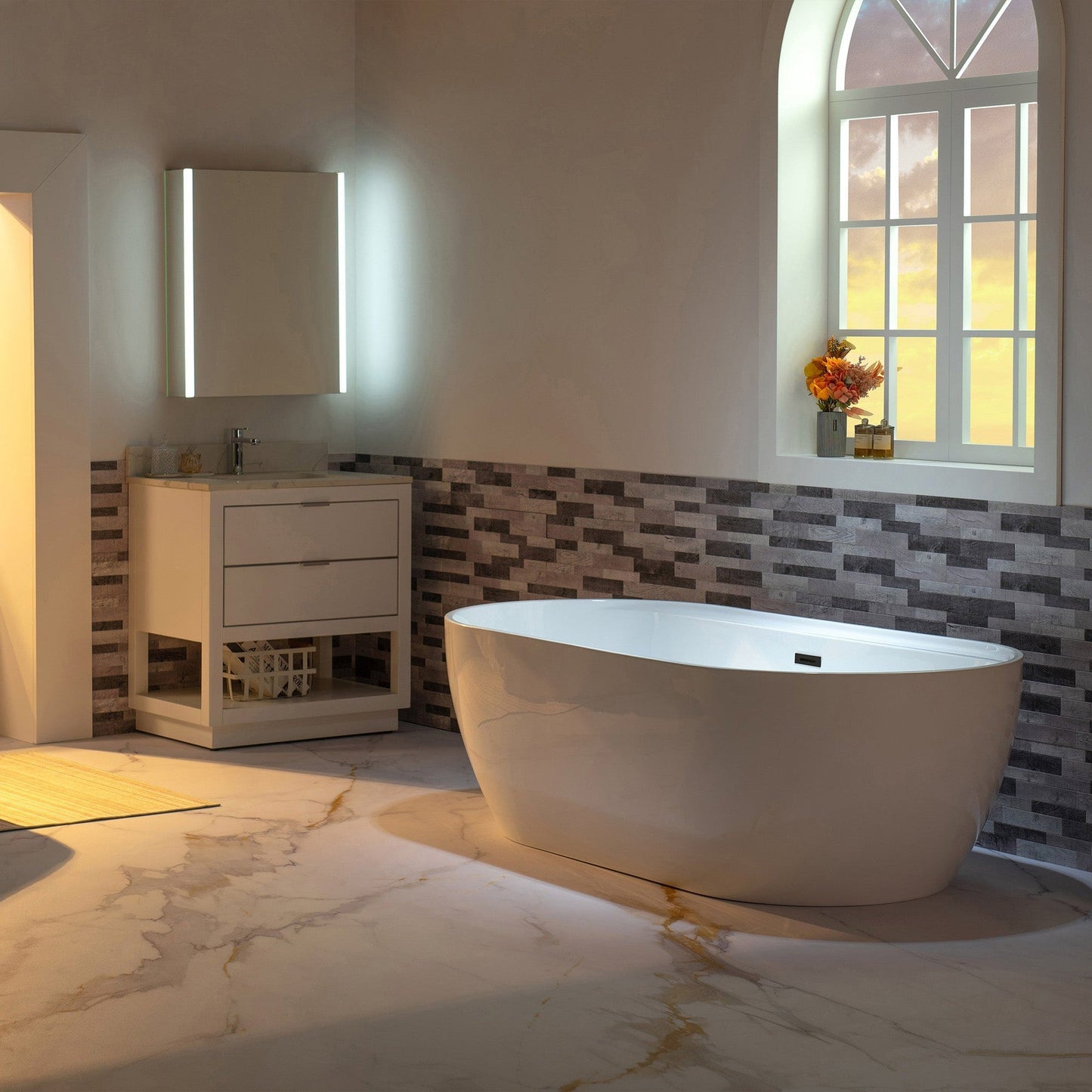 WoodBridge B0059 72" White Acrylic Freestanding Contemporary Soaking Bathtub With Matte Black Overflow, Drain, F0025MBVT Tub Filler and Caddy Tray