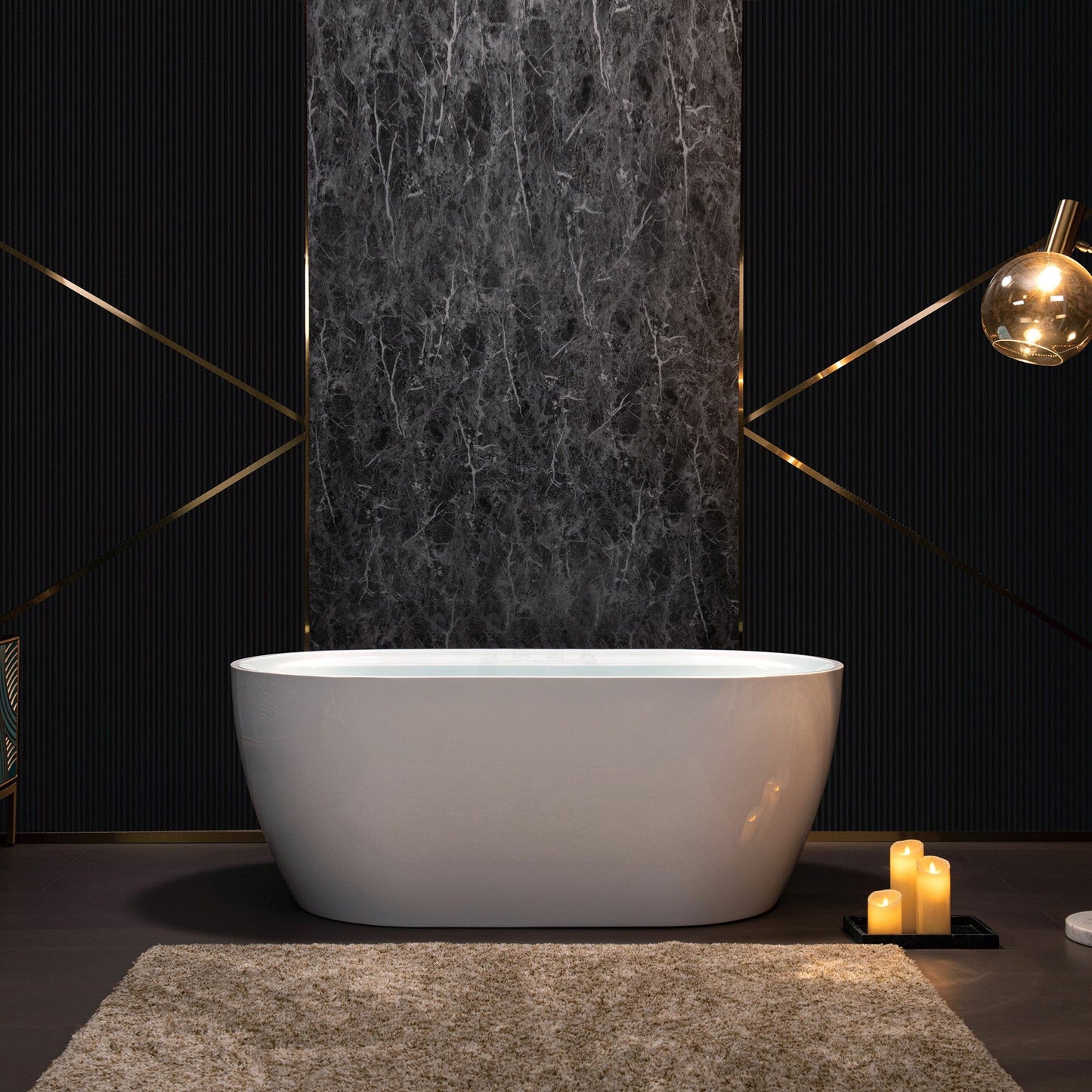 WoodBridge B0064 59" White Acrylic Freestanding Contemporary Soaking Bathtub With Brushed Gold Overflow, Drain, F-0007BGVT Tub Filler and Caddy Tray