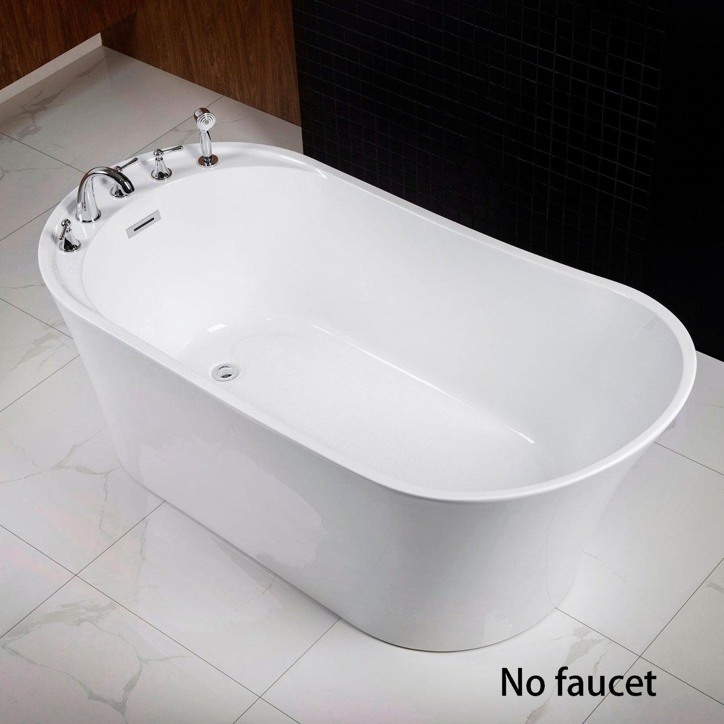 WoodBridge B0083 59" White Acrylic Freestanding Soaking Bathtub With Chrome Drain, Overflow, F0071CHSQ Tub Filler and Caddy Tray