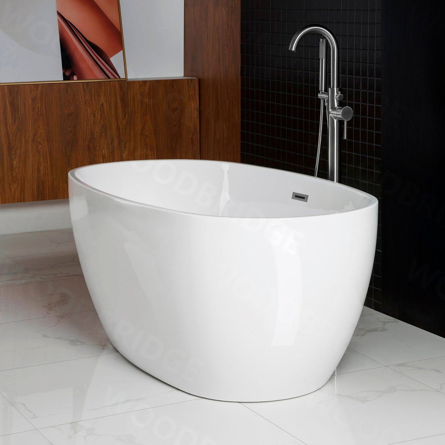 WoodBridge B1418 55" White Acrylic Freestanding Soaking Bathtub With Chrome Drain, Overflow, F-0004 Tub Filler and Caddy Tray