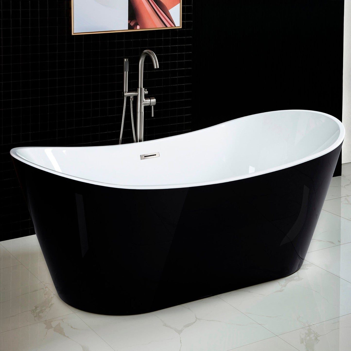 WoodBridge B1817 71" Black Acrylic Freestanding Soaking Bathtub With Brushed Nickel Drain, Overflow, F0023BNRD Tub Filler and Caddy Tray