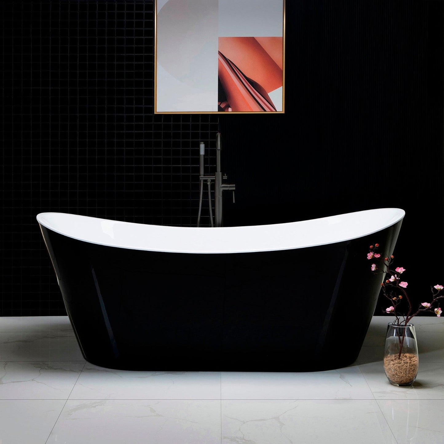WoodBridge B1817 71" Black Acrylic Freestanding Soaking Bathtub With Matte Black Drain, Overflow, F0025MBVT Tub Filler and Caddy Tray