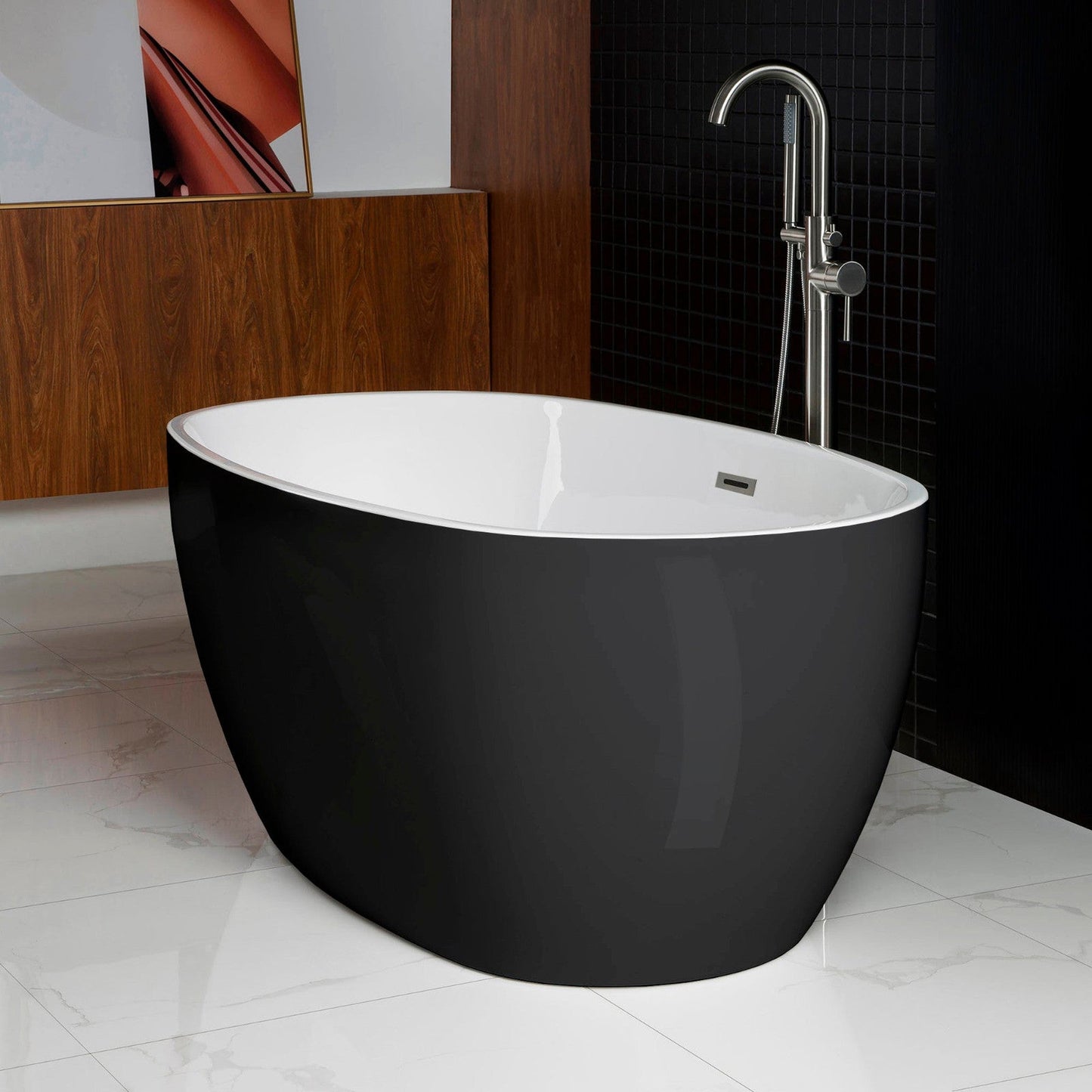 WoodBridge B1818 59" Black Acrylic Freestanding Soaking Bathtub With Brushed Nickel Drain, Overflow, F0023BNVT Tub Filler and Caddy Tray