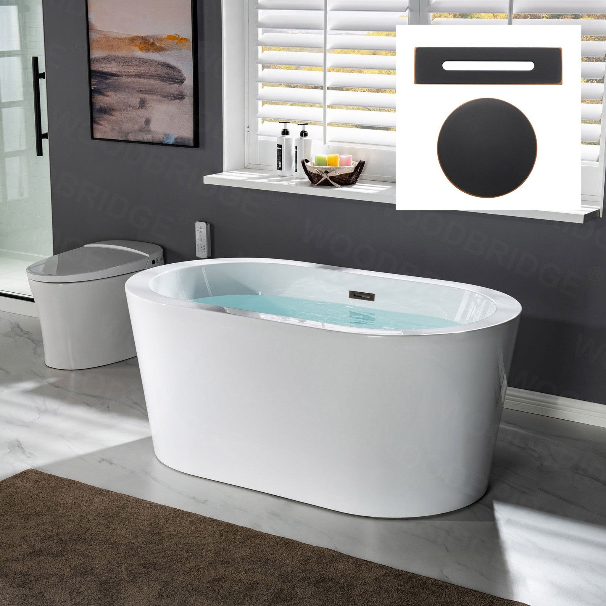 WoodBridge BTA0088 56" White Acrylic Freestanding Soaking Bathtub With