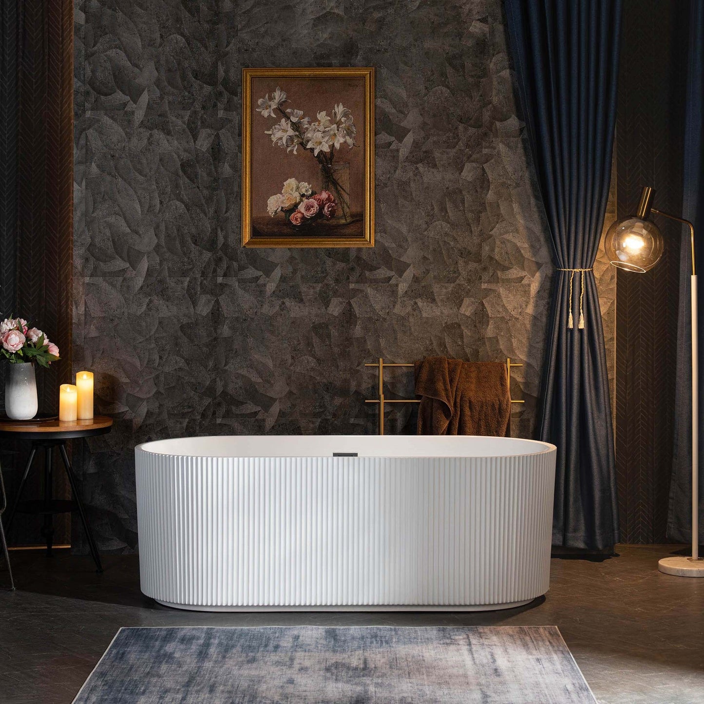 WoodBridge BTA1526 67" White Acrylic Freestanding Contemporary Soaking Bathtub With Matte Black Overflow, Drain, F0006MBVT Tub Filler and Caddy Tray