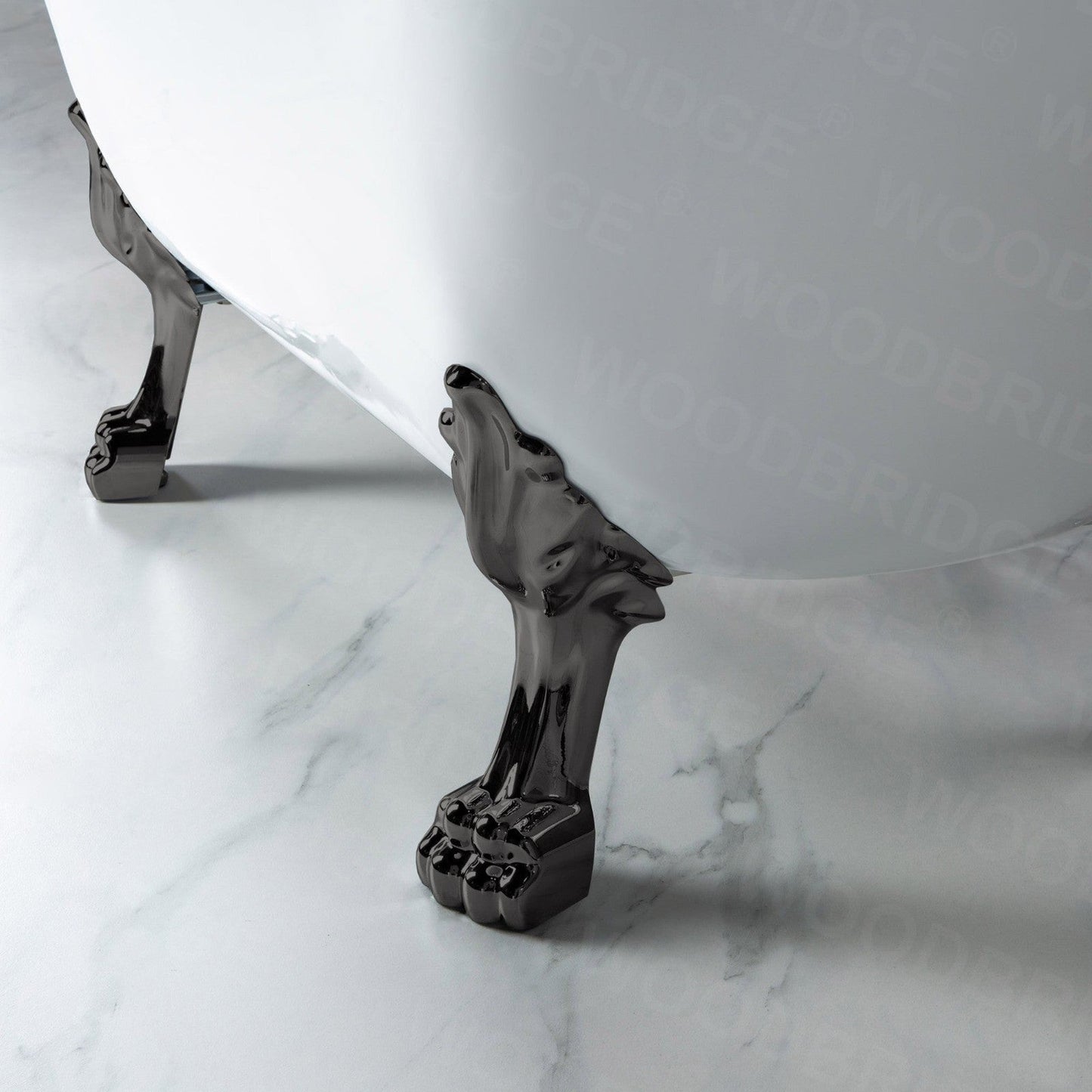 WoodBridge BTA1540 59" White Heavy Duty Acrylic Double Slipper Clawfoot Bathtub With Matte Black Feet, Drain, Overflow, F0006MBSQ Tub Filler and Caddy Tray