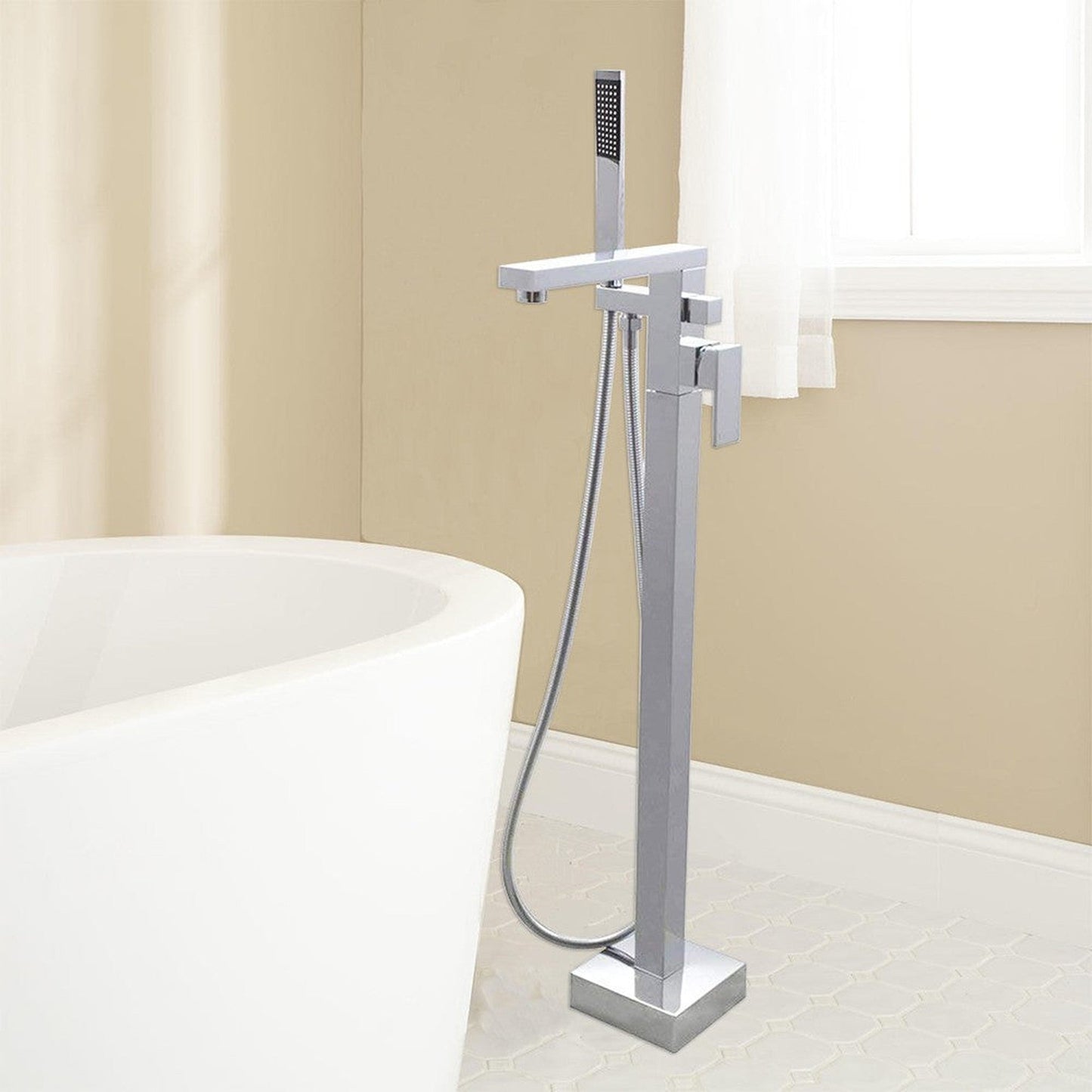 WoodBridge F-0003 Brushed Nickel Contemporary Single Handle Floor Mount Freestanding Tub Filler Faucet With Hand Shower