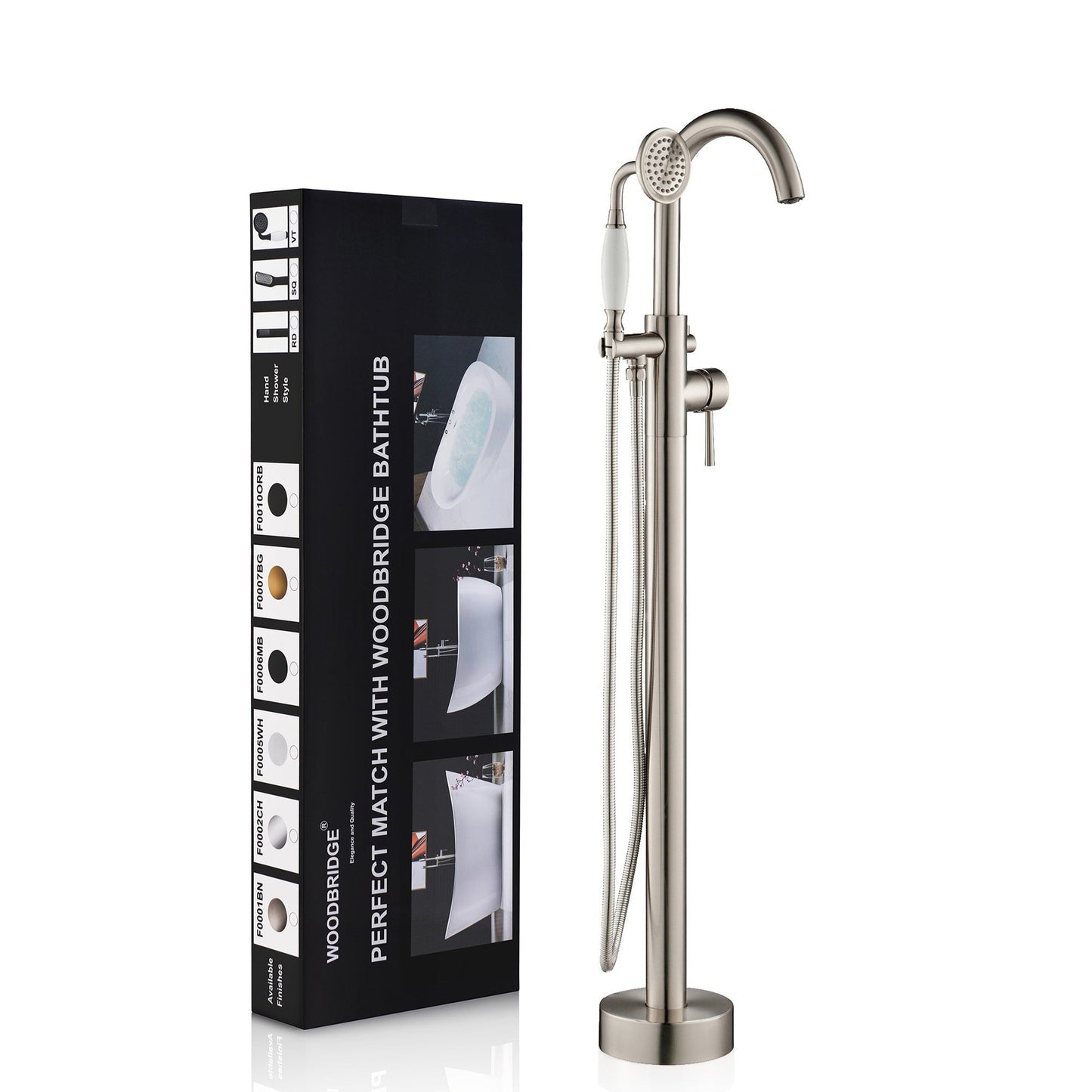WoodBridge F0001BNVT Brushed Nickel Contemporary Single Handle Floor Mount Freestanding Tub Filler Faucet With Telephone Hand Shower
