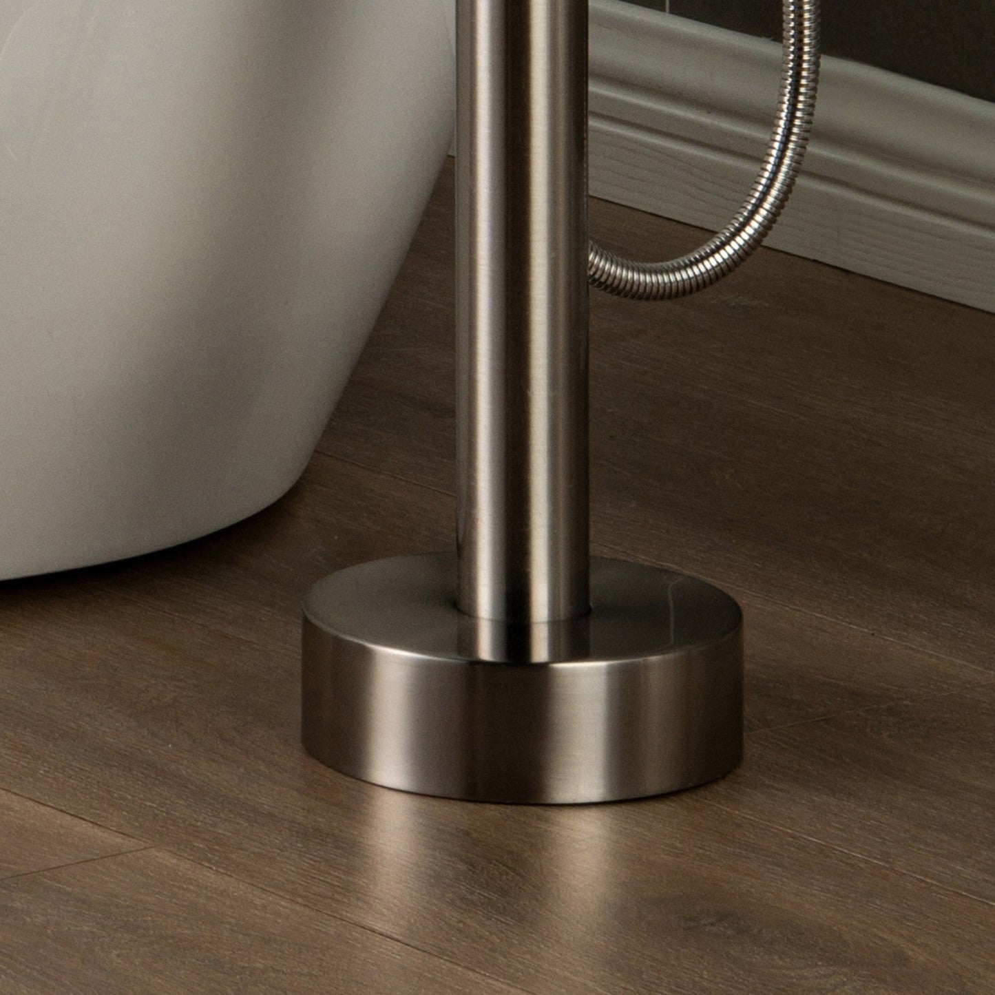 WoodBridge F0023BNRD Brushed Nickel Contemporary Single Handle Floor Mount Freestanding Tub Filler Faucet With Cylinder Shape Hand Shower