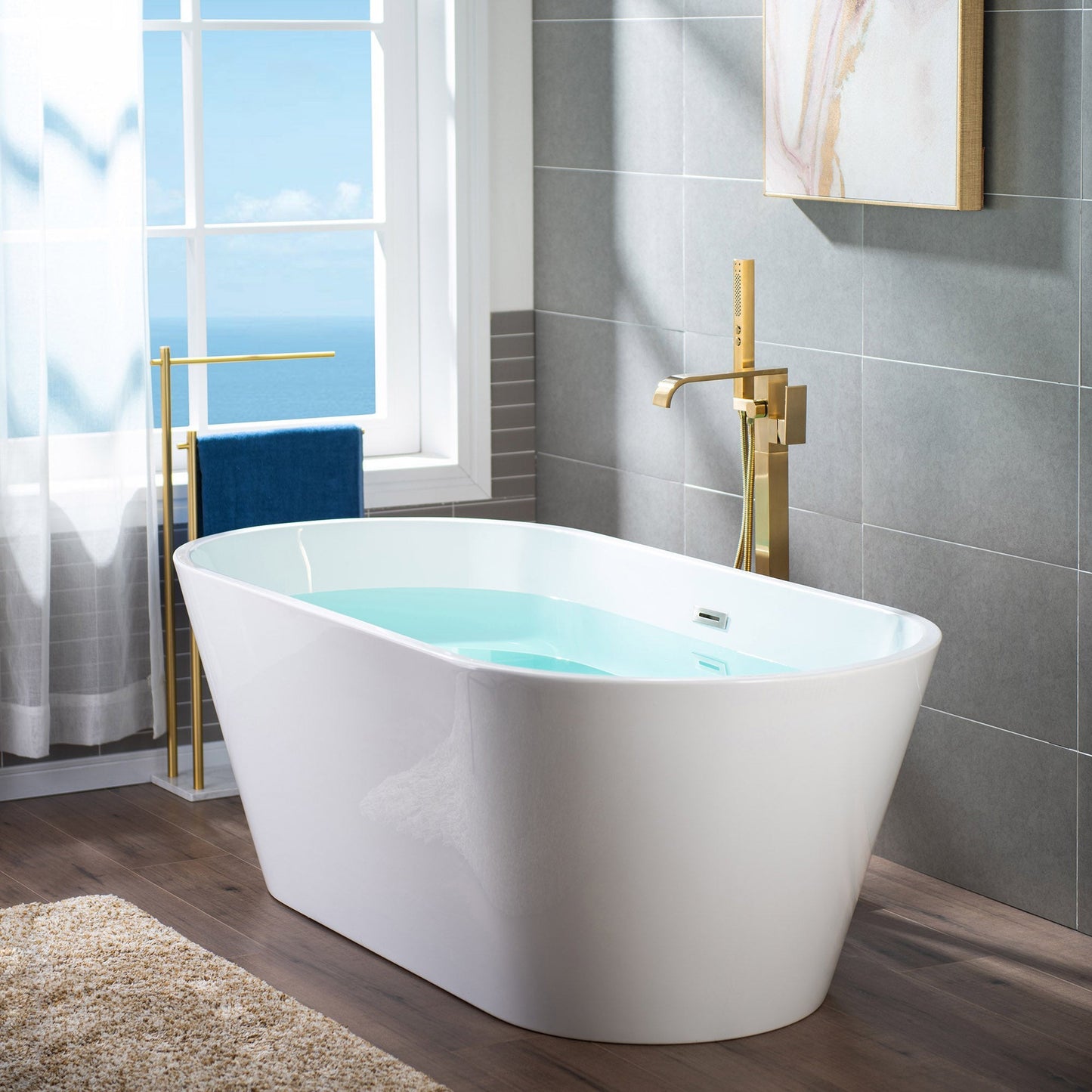 WoodBridge F0039BG Brushed Gold Contemporary Single Handle Floor Mount Freestanding Tub Filler Faucet With Square Hand Shower