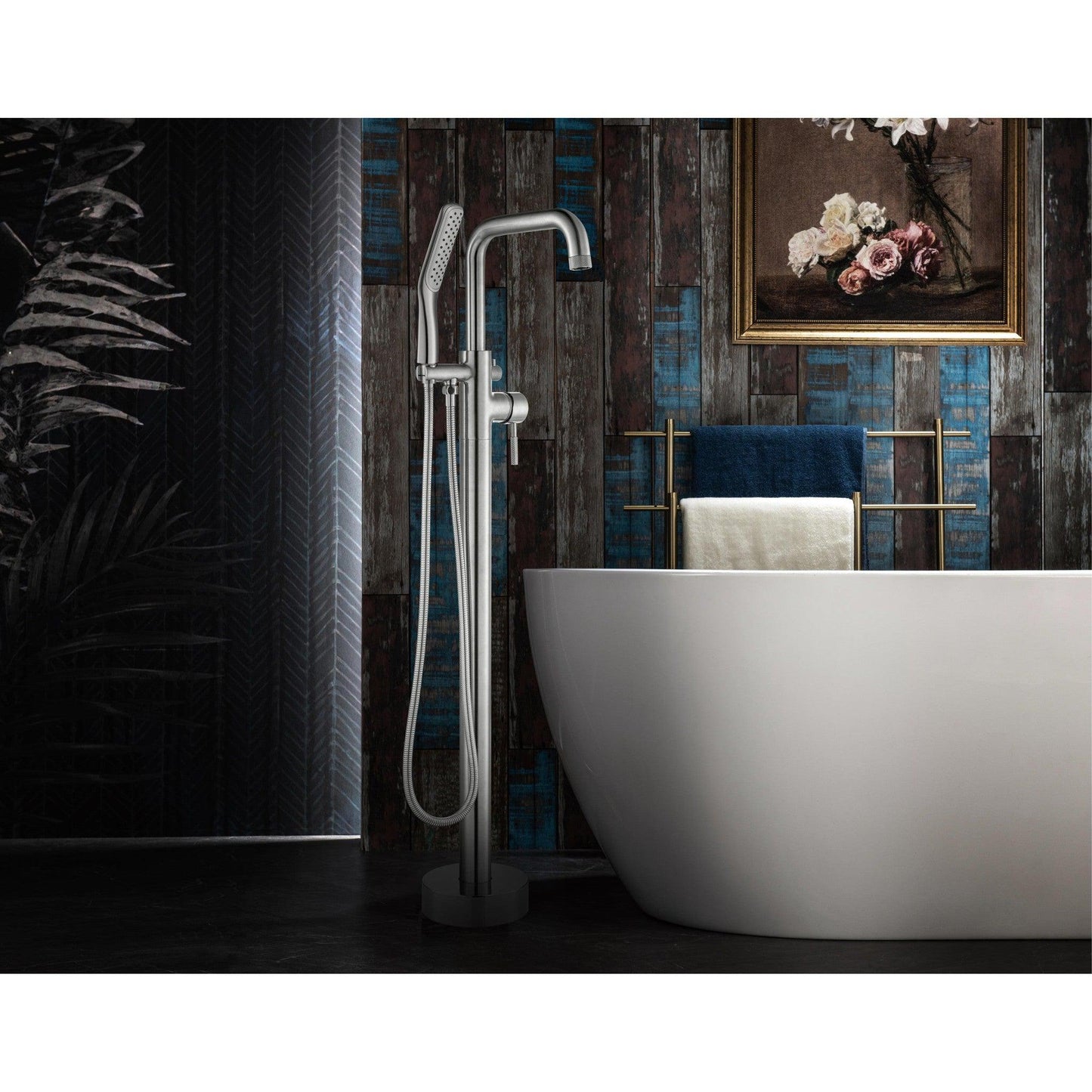WoodBridge F0071CHSQ Chrome Fusion Single Handle Floor Mount Freestanding Tub Filler Faucet With Square Shape Hand Shower