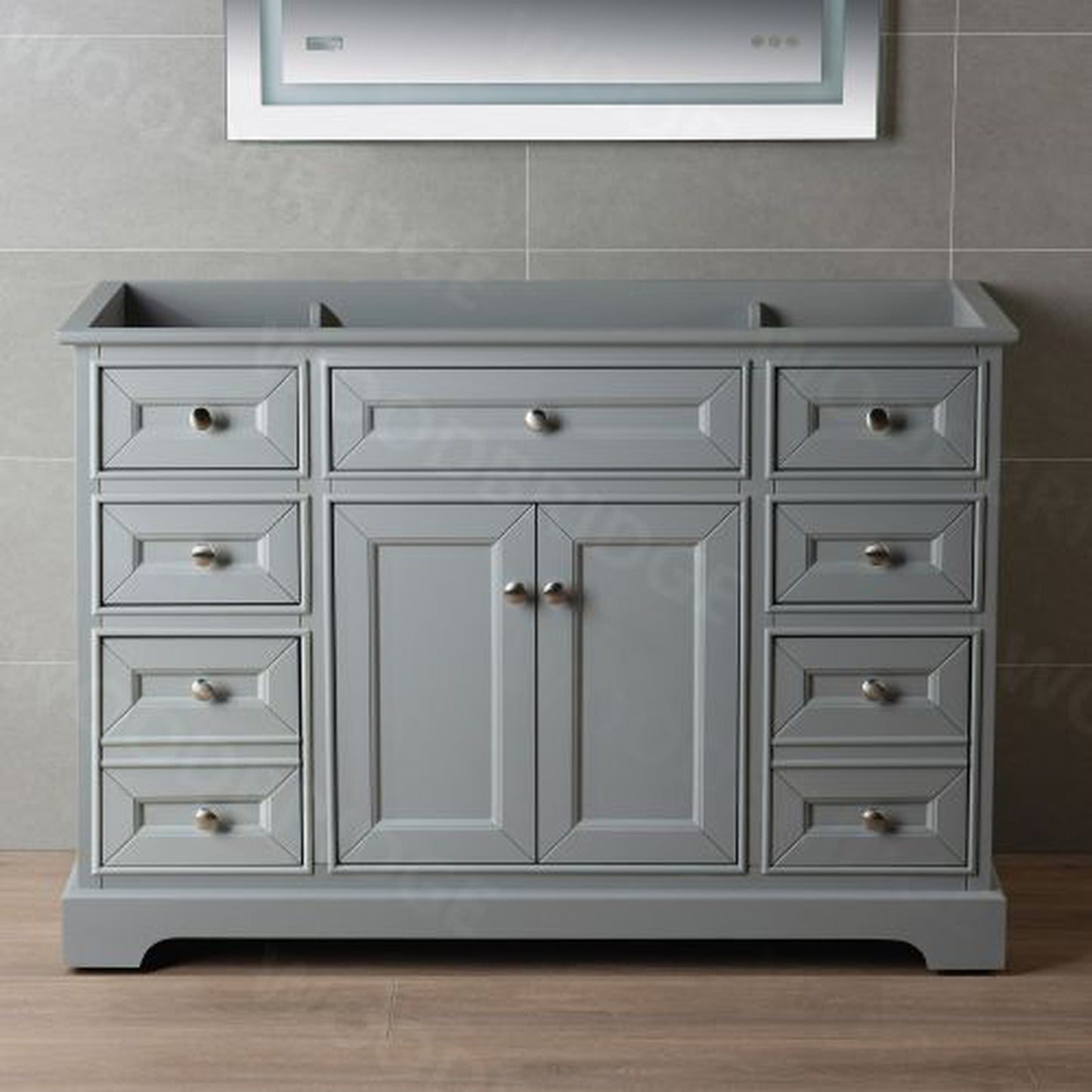 WoodBridge London 48" Gray Solid Wood Bathroom Vanity Base With 2 Soft Close Door, 6 Soft Close Drawers, 1 Decorative Drawer and 1 Interior Shelf