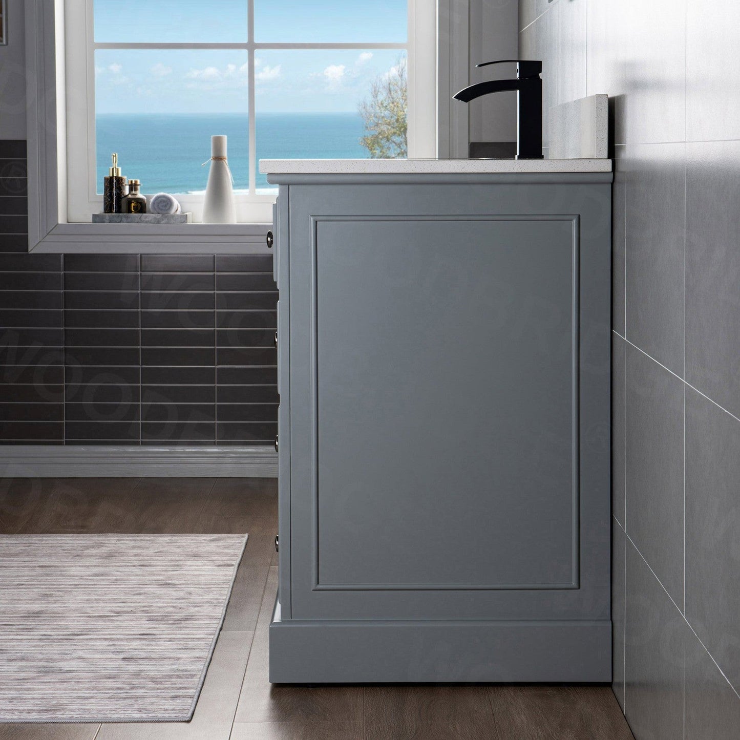 WoodBridge London 48" Gray Solid Wood Bathroom Vanity Base and Engineered Marble White Carrara Countertop, Rectangle Undermount Sink, 2 Soft Closing Doors and 6 Full Extension Dovetail Drawers With 8" Faucet Holes