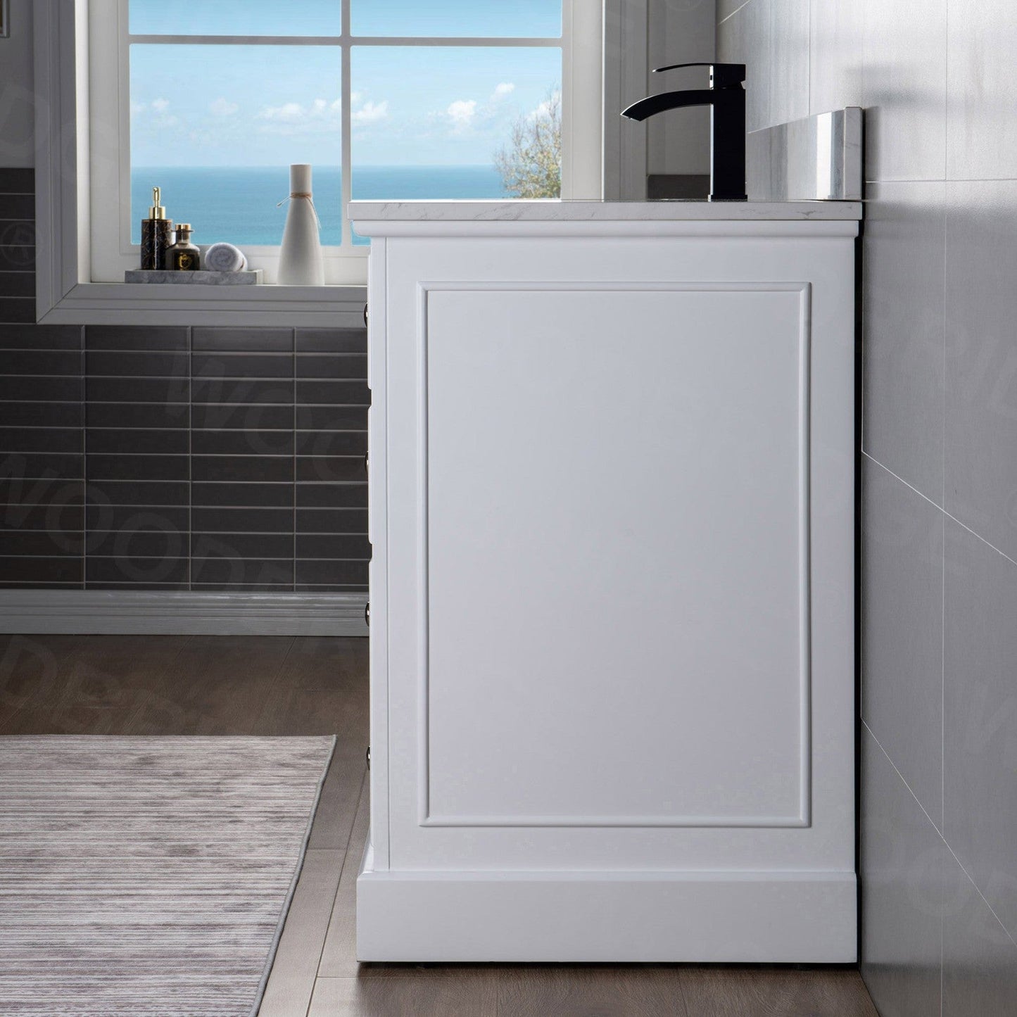 WoodBridge London 48" White Solid Wood Bathroom Vanity Base and Engineered Marble White Carrara Countertop, Rectangle Undermount Sink, 2 Soft Closing Doors and 6 Full Extension Dovetail Drawers With 8" Faucet Holes