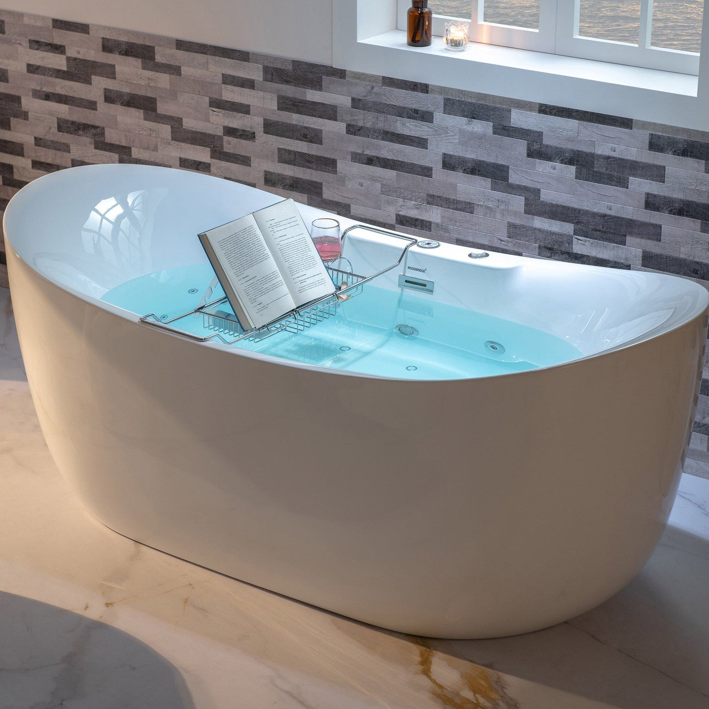 WoodBridge Polished Chrome Stainless Steel Extendable Bathtub Caddy Tray With Removable Wine Holder, Book and Phone Rack