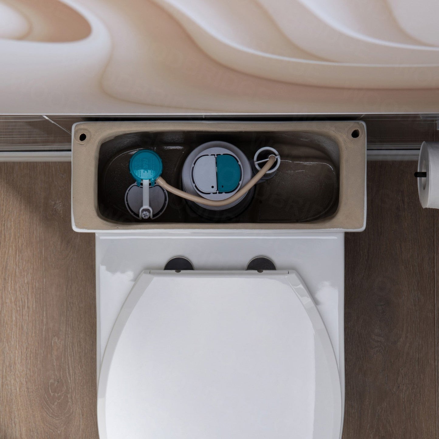 WoodBridge T0031-BG White One Piece Short Compact Toilet Tiny Mini Commode Water Closet Dual Flush Concealed Trapway With Brushed Gold Button