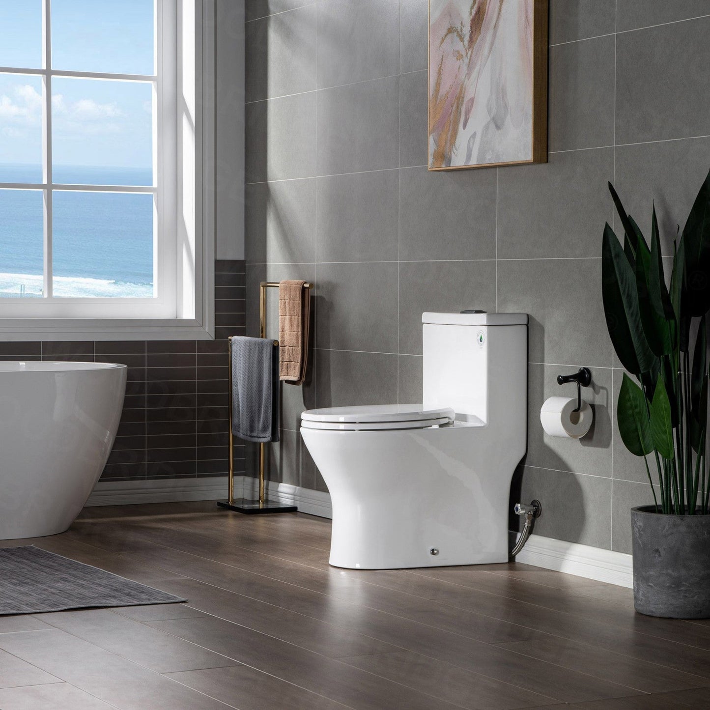 WoodBridge T0031-ORB White One Piece Short Compact Toilet Tiny Mini Commode Water Closet Dual Flush Concealed Trapway With Oil Rubbed Bronze Button