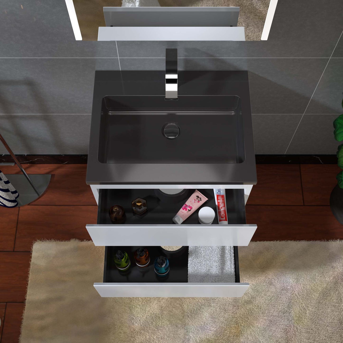 Woodbridge New Jersey Style 24" White High Gloss Vanity Base and Black Quartz Sand Composite Vanity Top With Integrated Sink