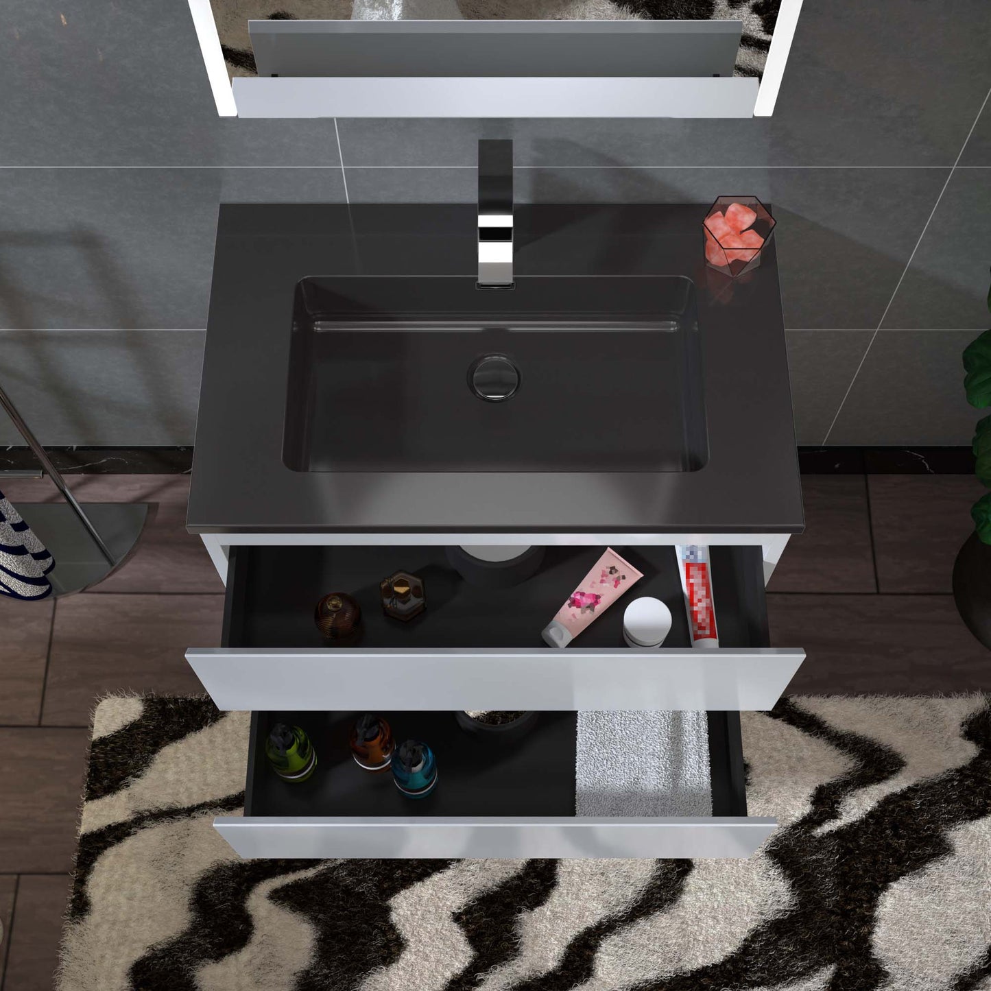 Woodbridge New Jersey Style 30" White High Gloss Vanity Base and Black Quartz Sand Composite Vanity Top With Integrated Sink