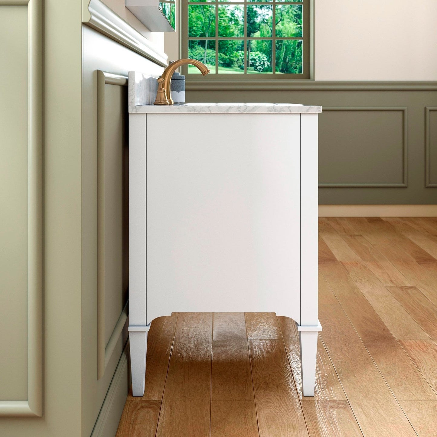 Woodbridge Roma 31" White Solid Wood Vanity Base With Gold Hardware and Carrara Marble Top With 3 Pre-Drilled Holes