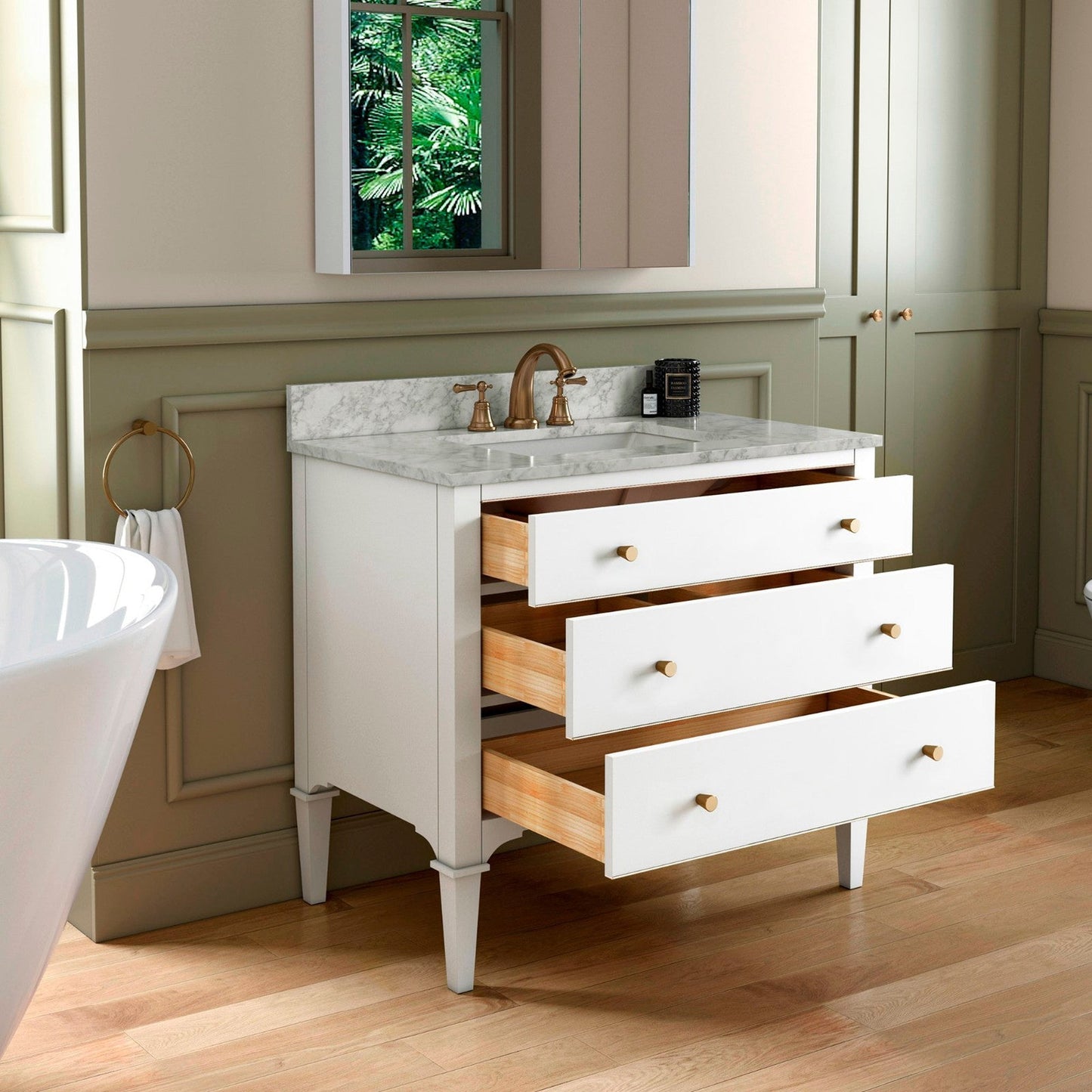 Woodbridge Roma 43" White Solid Wood Vanity Base With Gold Hardware and Carrara Marble Top With 3 Pre-Drilled Holes