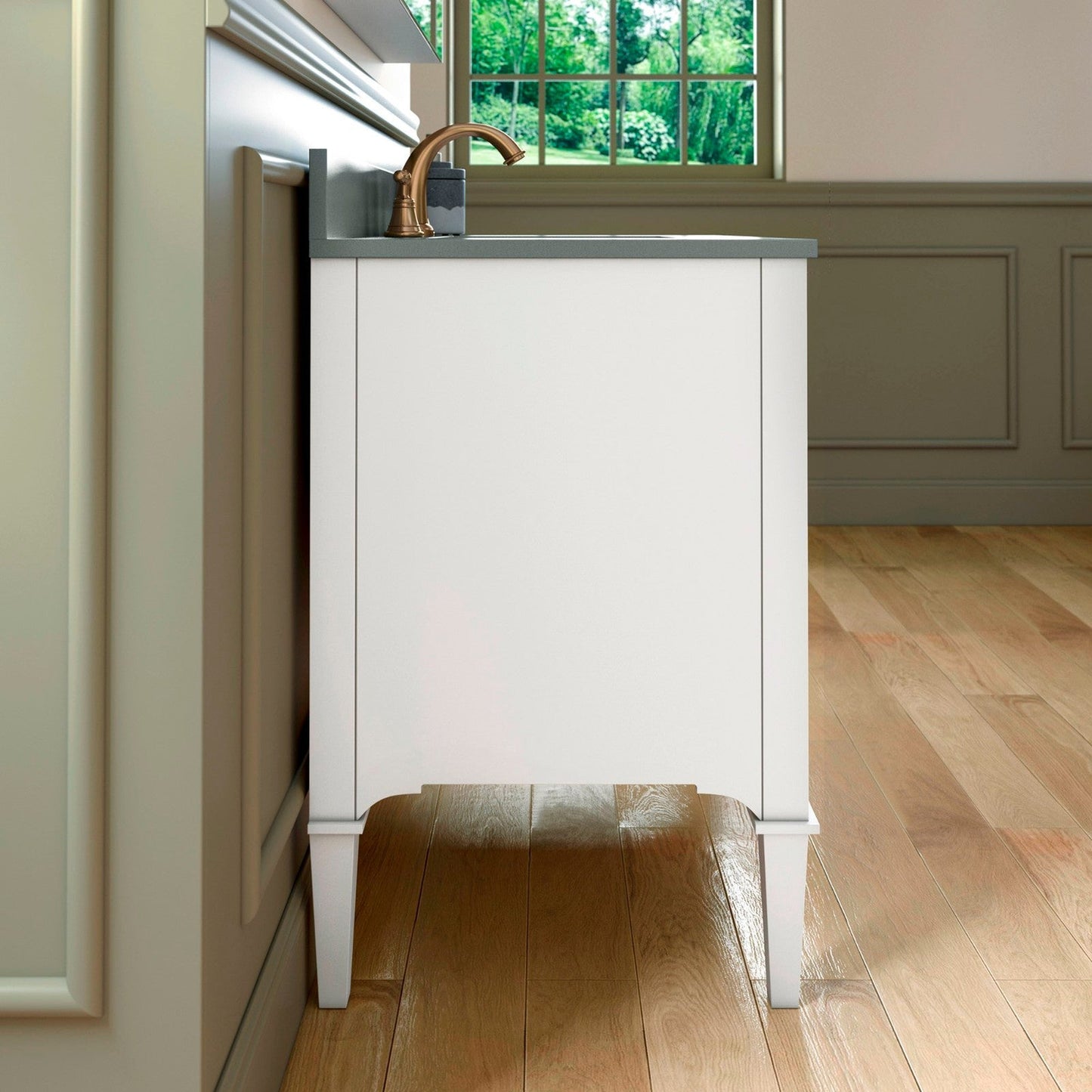 Woodbridge Roma 43" White Solid Wood Vanity Base With Gold Hardware and Dark Gray Engineered Stone Composite Top With 3 Pre-Drilled Holes