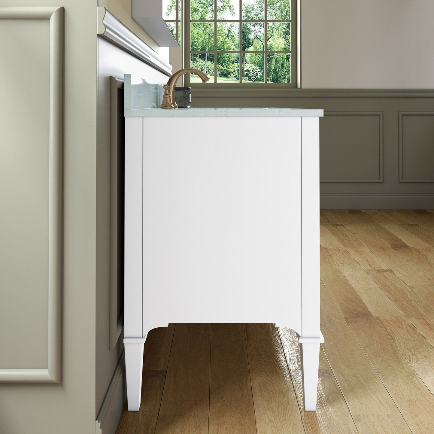 Woodbridge Roma 48" White Solid Wood Vanity Base With Gold Hardware and Carrara Engineered Stone Composite Top With 3 Pre-Drilled Holes