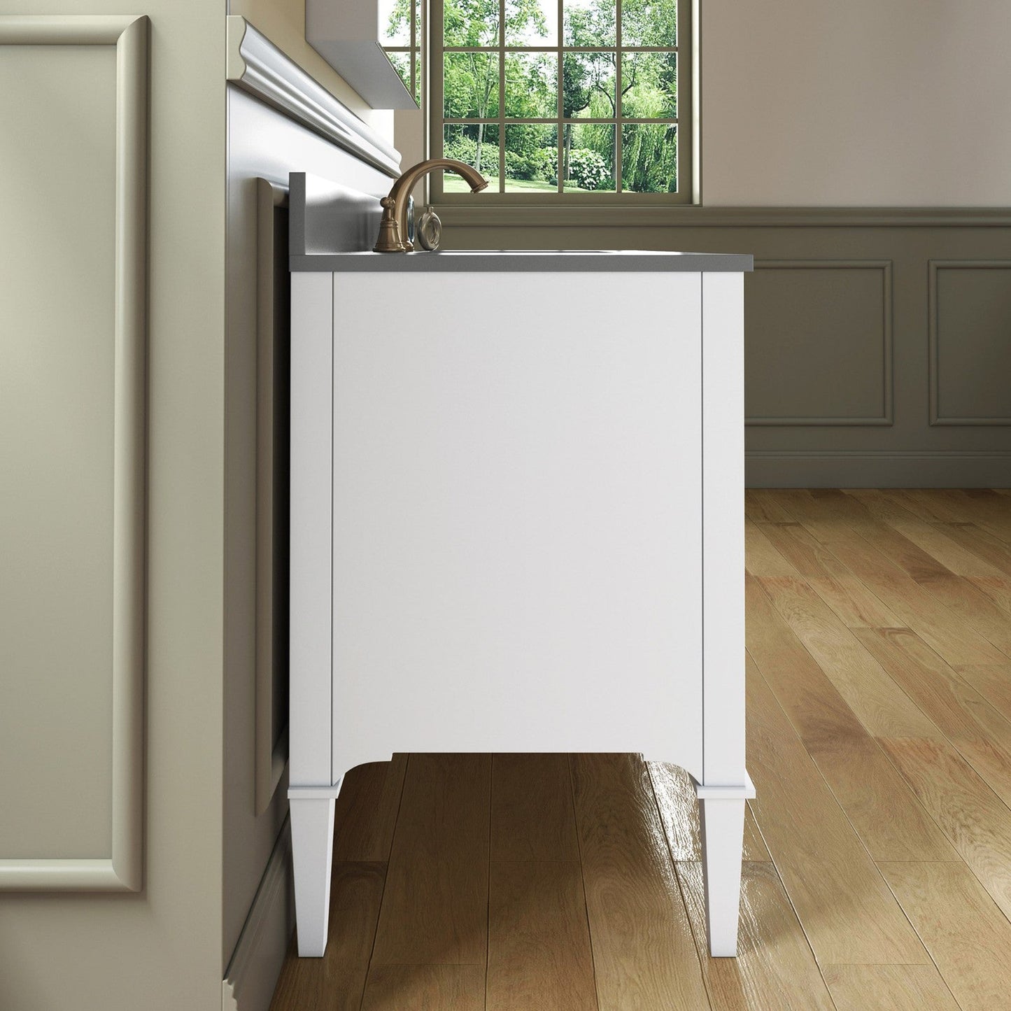 Woodbridge Roma 48" White Solid Wood Vanity Base With Gold Hardware and Dark Gray Engineered Stone Composite Top With 3 Pre-Drilled Holes