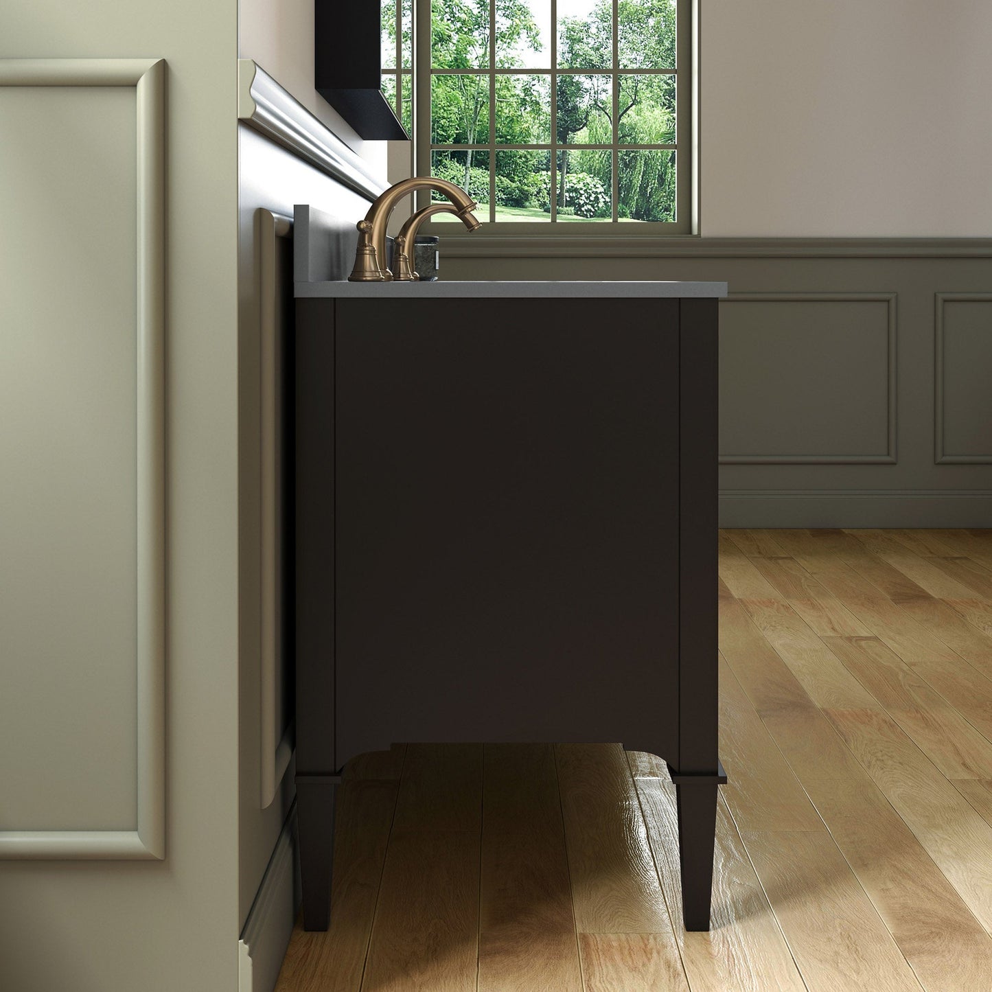 Woodbridge Roma 61" Espresso Solid Wood Vanity Base With Gold Hardware and Dark Gray Engineered Stone Composite Top With 3 Pre-Drilled Holes