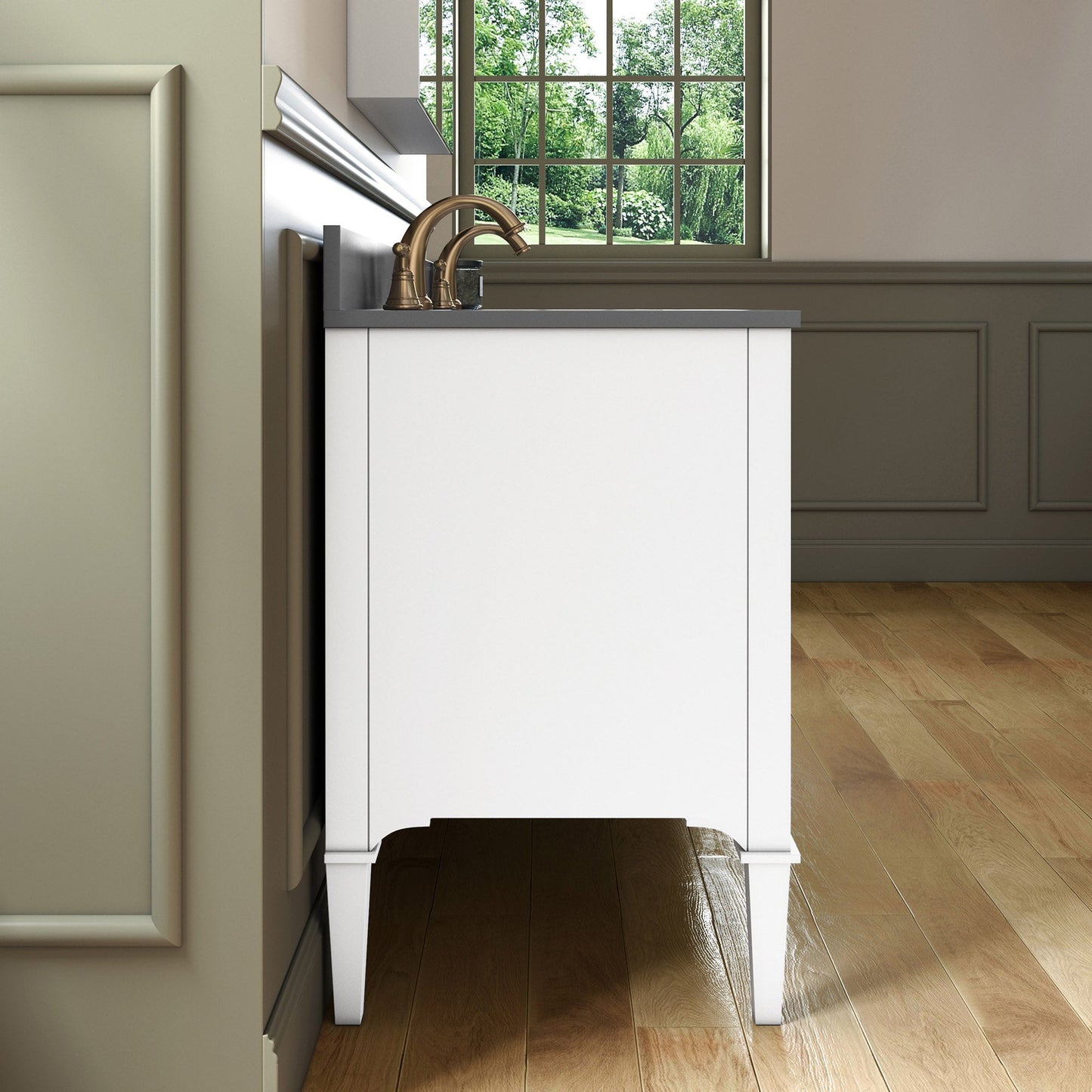 Woodbridge Roma 61" White Solid Wood Vanity Base With Gold Hardware and Dark Gray Engineered Stone Composite Top With 3 Pre-Drilled Holes