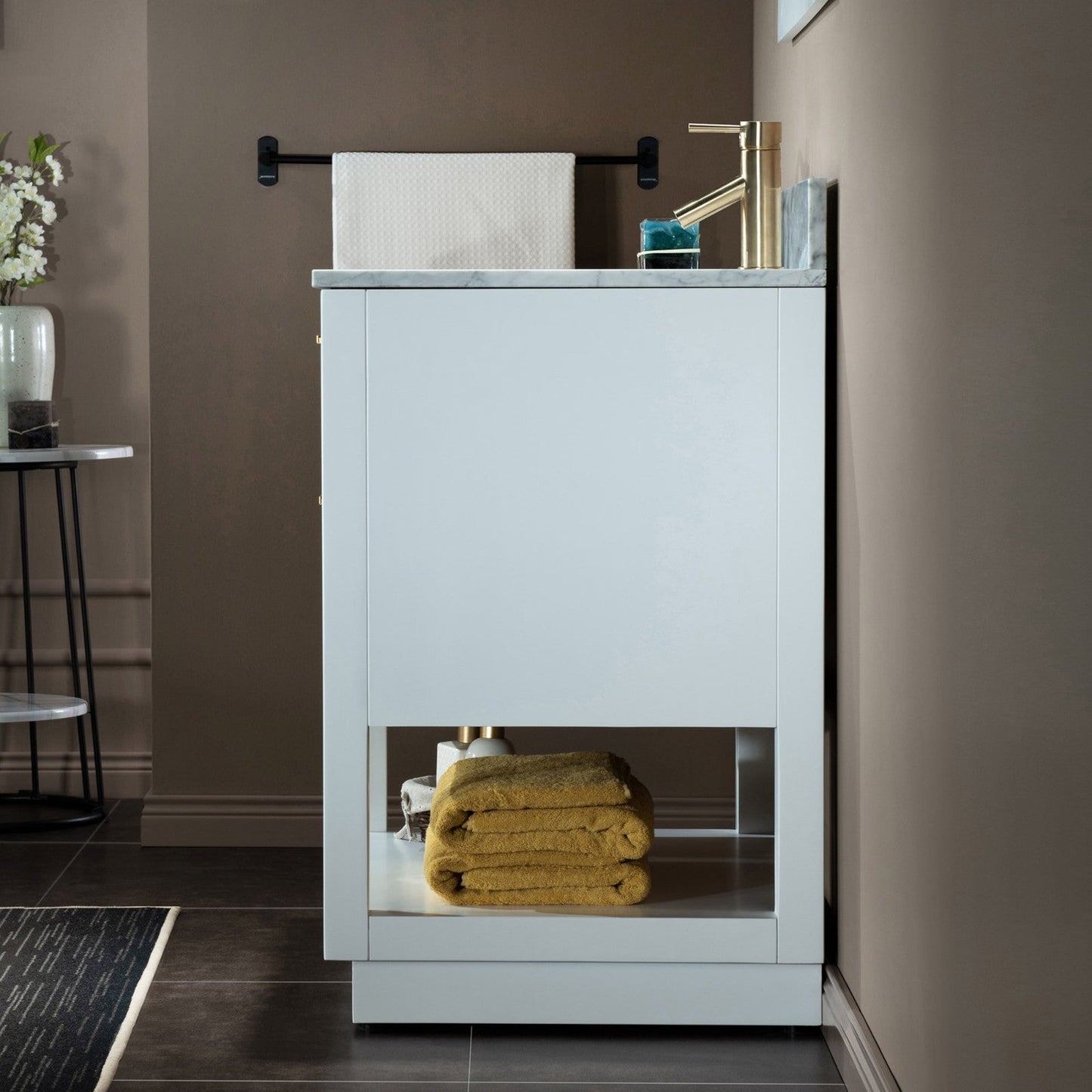 Woodbridge Venice 37" White and Gold Trim Solid Wood Vanity Base and Carrara Marble Top With Pre-Drilled Single Hole Faucet