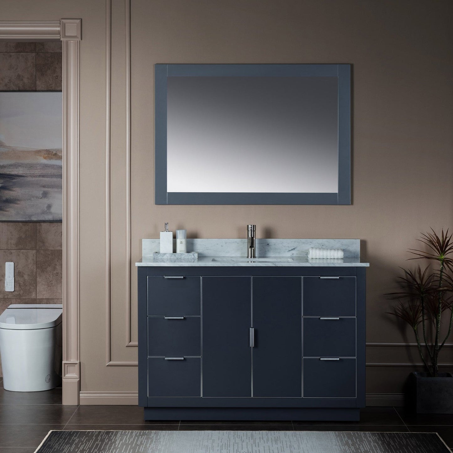 Woodbridge Venice 48" Gray and Brushed Nickel Trim Solid Wood Vanity Base and Carrara Marble Top With Pre-Drilled Single Hole Faucet