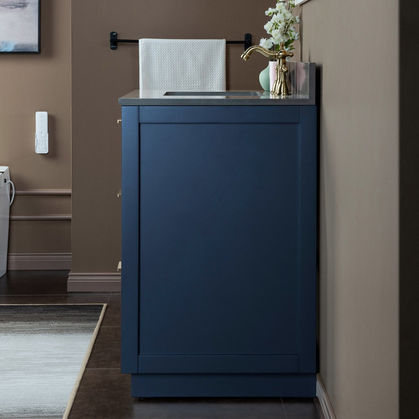 Woodbridge Venice 48" Navy Blue and Gold Trim Solid Wood Vanity Base and Dark Gray Engineered Stone Composite Top With 3 Pre-drilled Holes for 8" Widespread Faucet