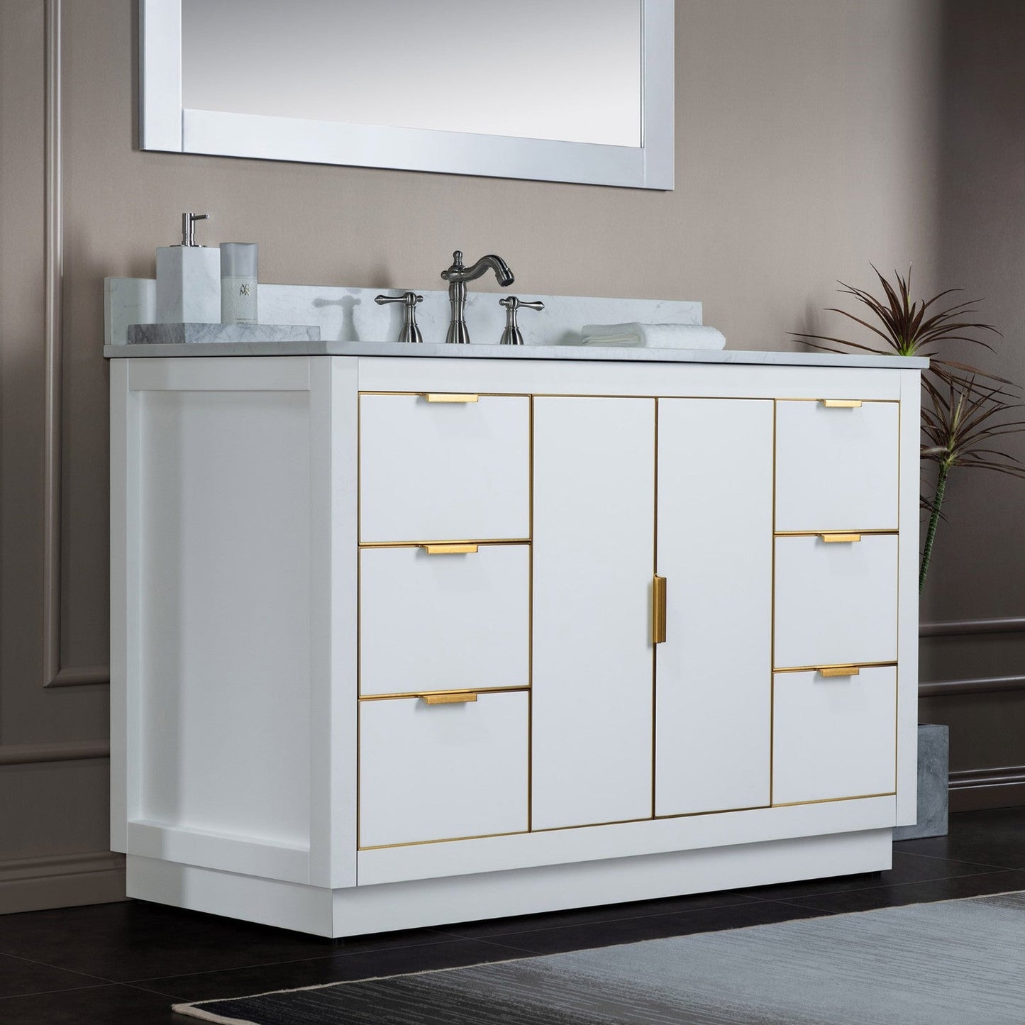Woodbridge Venice 48" White and Gold Trim Solid Wood Vanity Base and Carrara Marble Top With 3 Pre-drilled Holes for 8" Widespread Faucet