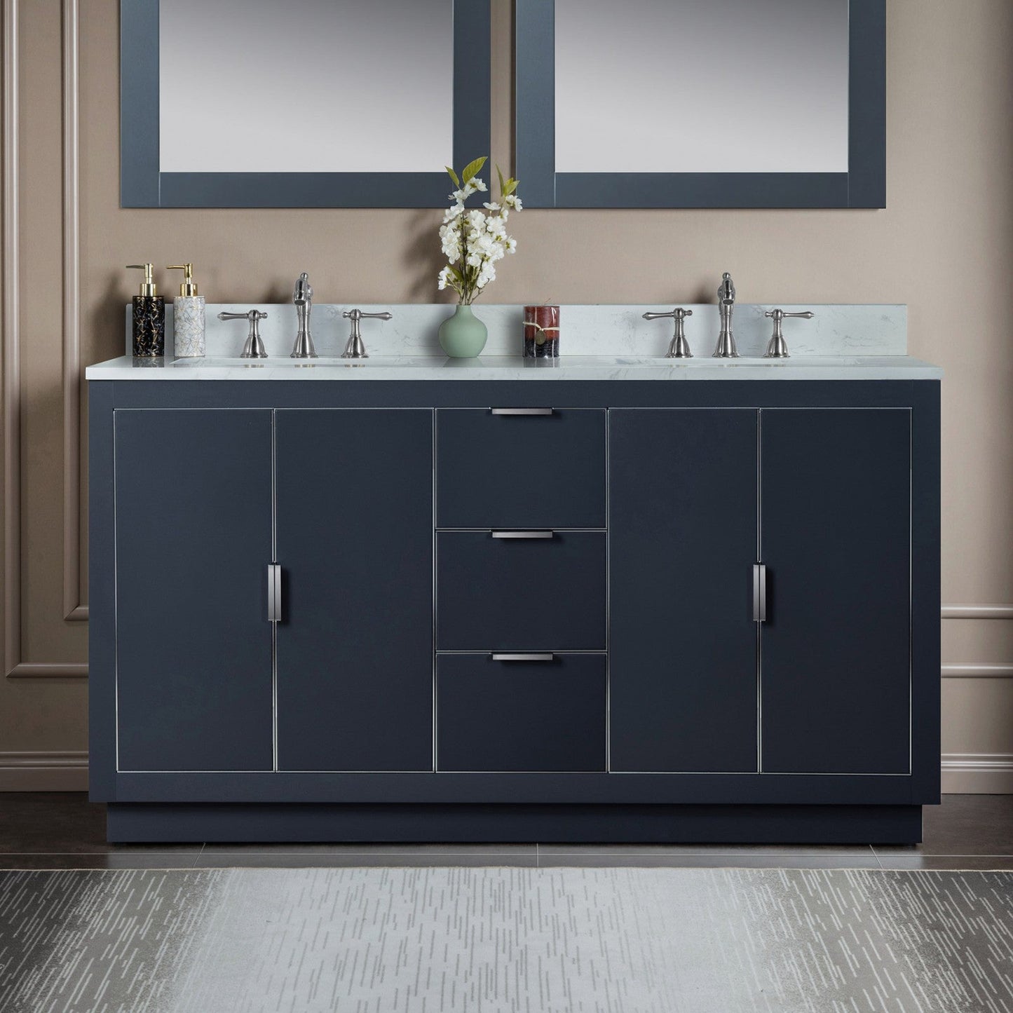 Woodbridge Venice 61" Gray and Brushed Nickel Trim Solid Wood Vanity Base and Carrara White Engineered Stone Top With 3 Pre-drilled Holes for 8" Widespread Faucet