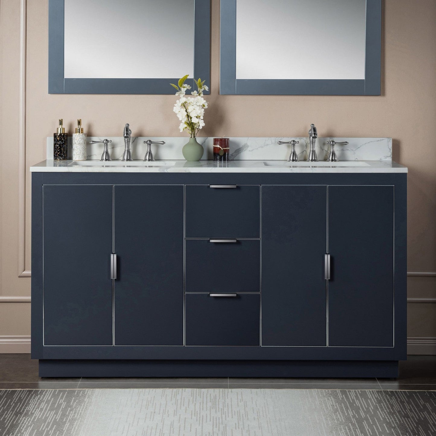 Woodbridge Venice 61" Gray and Brushed Nickel Trim Solid Wood Vanity Base and Fish Belly White Engineered Stone Composite Top With 3 Pre-drilled Holes for 8" Widespread Faucet