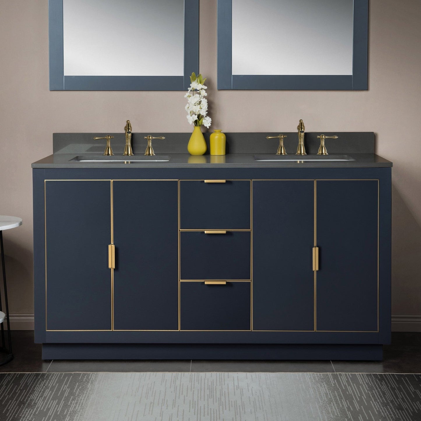 Woodbridge Venice 61" Gray and Gold Trim Solid Wood Vanity Base and Dark Gray Engineered Stone Composite Top With 3 Pre-drilled Holes for 8" Widespread Faucet