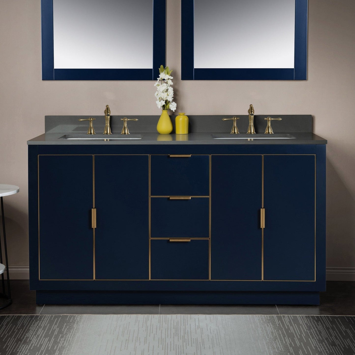 Woodbridge Venice 61" Navy Blue and Gold Trim Solid Wood Vanity Base and Dark Gray Engineered Stone Composite Top With 3 Pre-drilled Holes for 8" Widespread Faucet