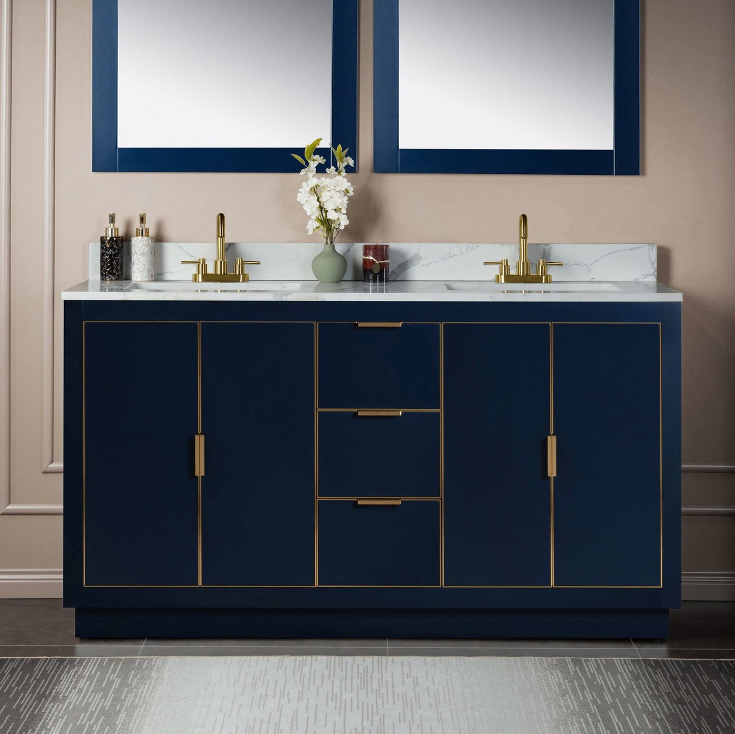 Woodbridge Venice 61" Navy Blue and Gold Trim Solid Wood Vanity Base and Fish Belly White Engineered Stone Composite Top With 3 Pre-Drilled Holes for 4" Centerset Faucet
