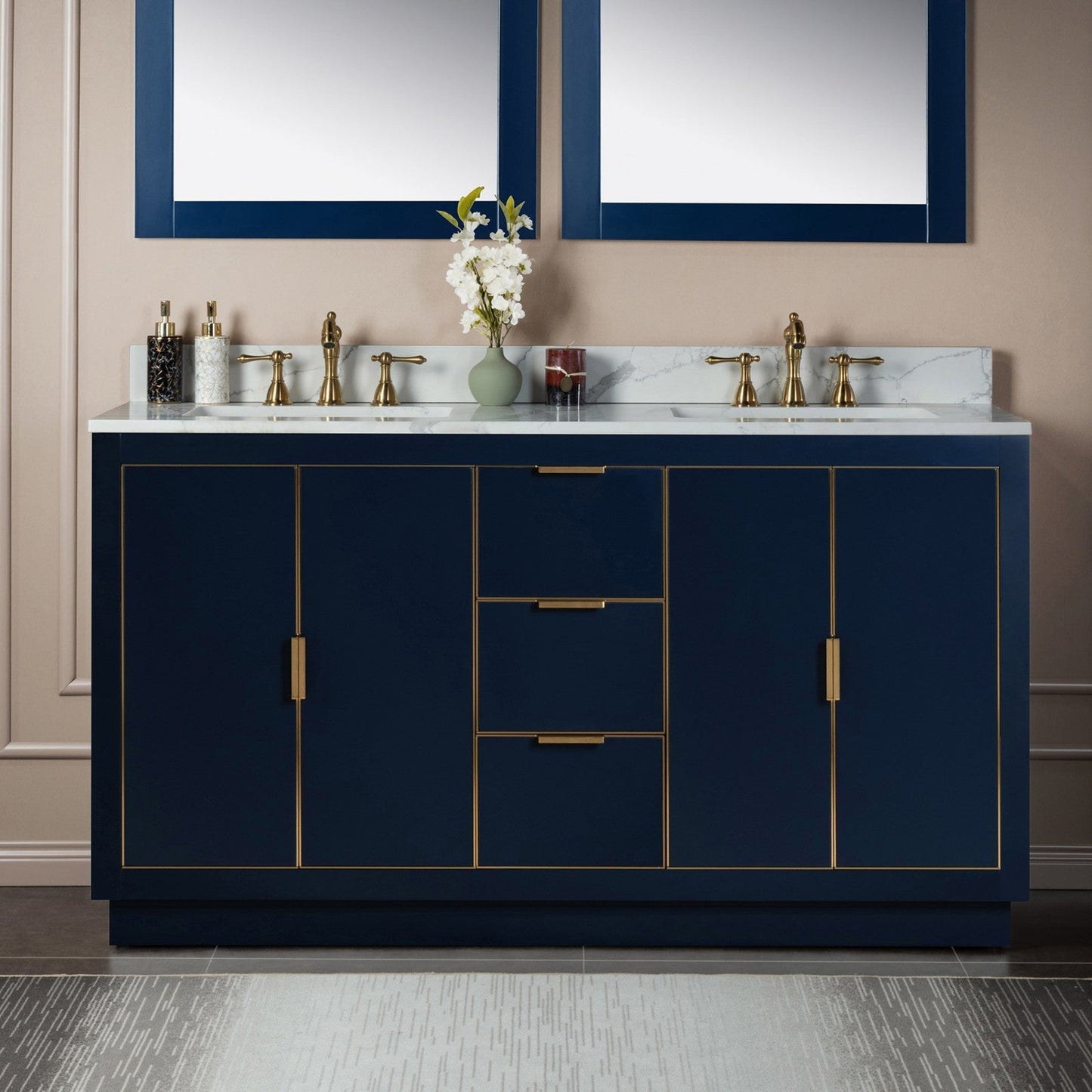 Woodbridge Venice 61" Navy Blue and Gold Trim Solid Wood Vanity Base and Fish Belly White Engineered Stone Composite Top With 3 Pre-drilled Holes for 8" Widespread Faucet