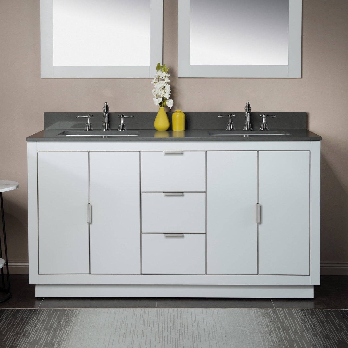 Woodbridge Venice 61" White and Brushed Nickel Trim Solid Wood Vanity Base and Dark Gray Engineered Stone Composite Top With 3 Pre-drilled Holes for 8" Widespread Faucet