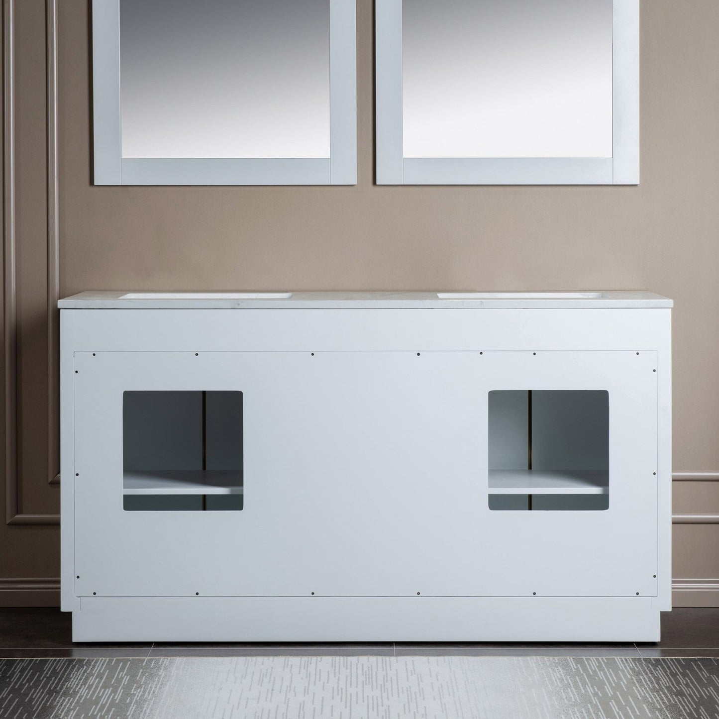 Woodbridge Venice 61" White and Brushed Nickel Trim Solid Wood Vanity Base and Fish Belly White Engineered Stone Composite Top With 3 Pre-Drilled Holes for 4" Centerset Faucet