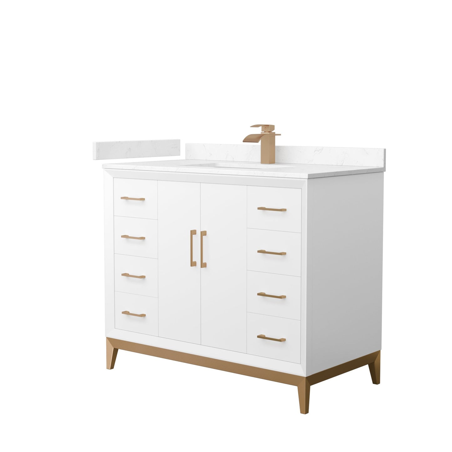 Wyndham Collection Amici 42" Single Bathroom Vanity in White, Carrara Cultured Marble Countertop, Undermount Square Sink, Satin Bronze Trim