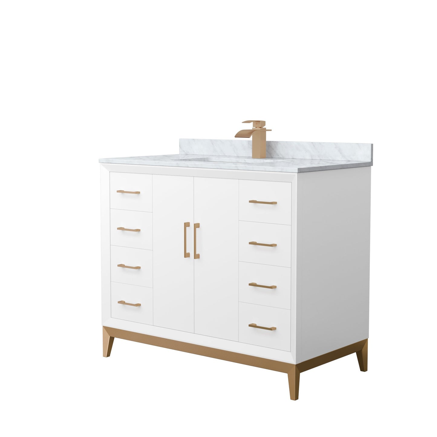 Wyndham Collection Amici 42" Single Bathroom Vanity in White, White Carrara Marble Countertop, Undermount Square Sink, Satin Bronze Trim
