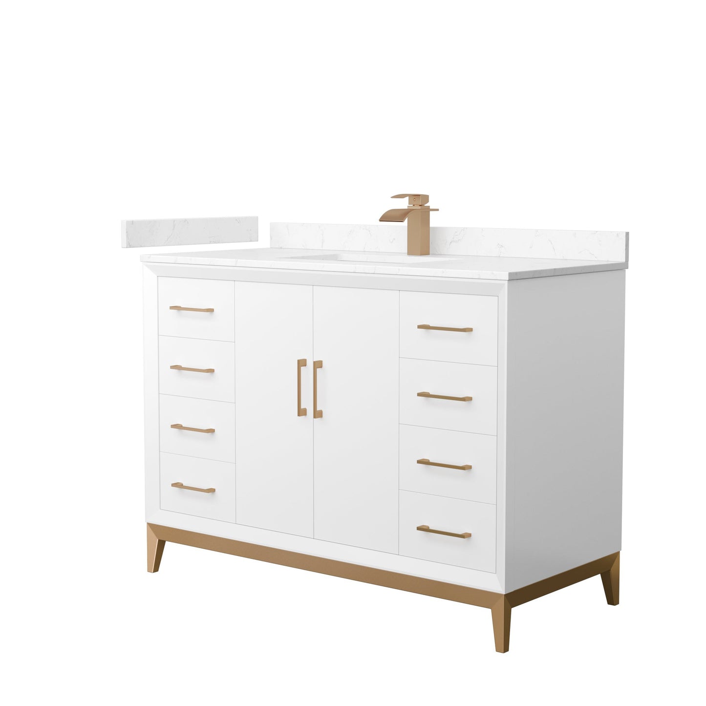 Wyndham Collection Amici 48" Single Bathroom Vanity in White, Carrara Cultured Marble Countertop, Undermount Square Sink, Satin Bronze Trim