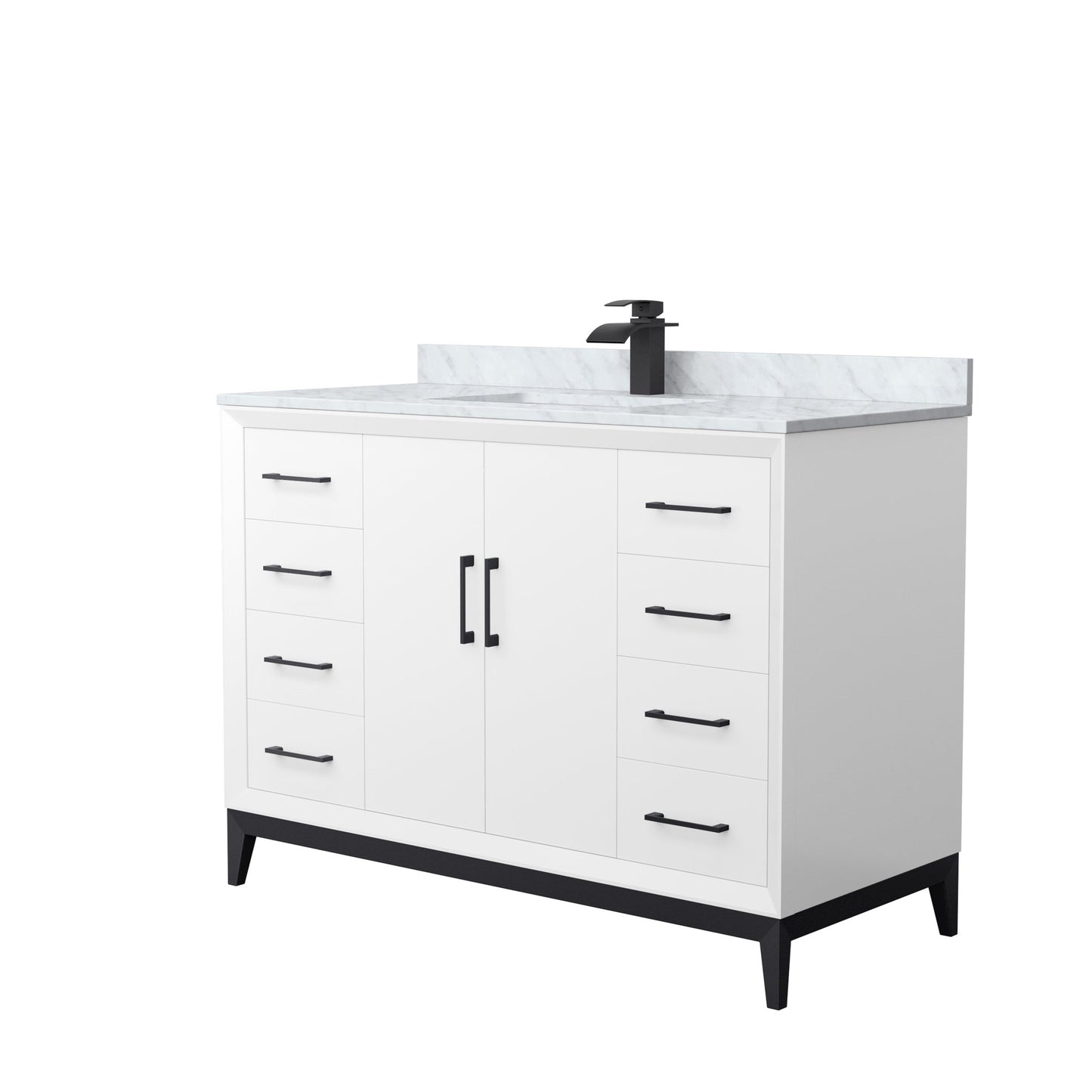 Wyndham Collection Amici 48" Single Bathroom Vanity in White, White Carrara Marble Countertop, Undermount Square Sink, Matte Black Trim