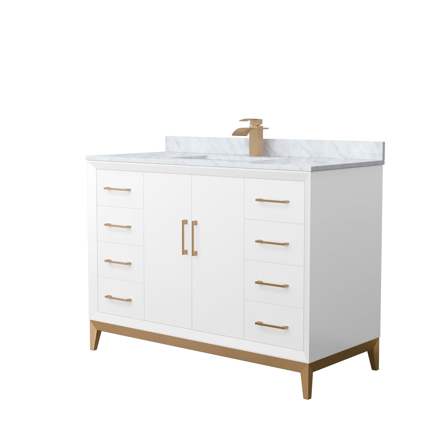Wyndham Collection Amici 48" Single Bathroom Vanity in White, White Carrara Marble Countertop, Undermount Square Sink, Satin Bronze Trim