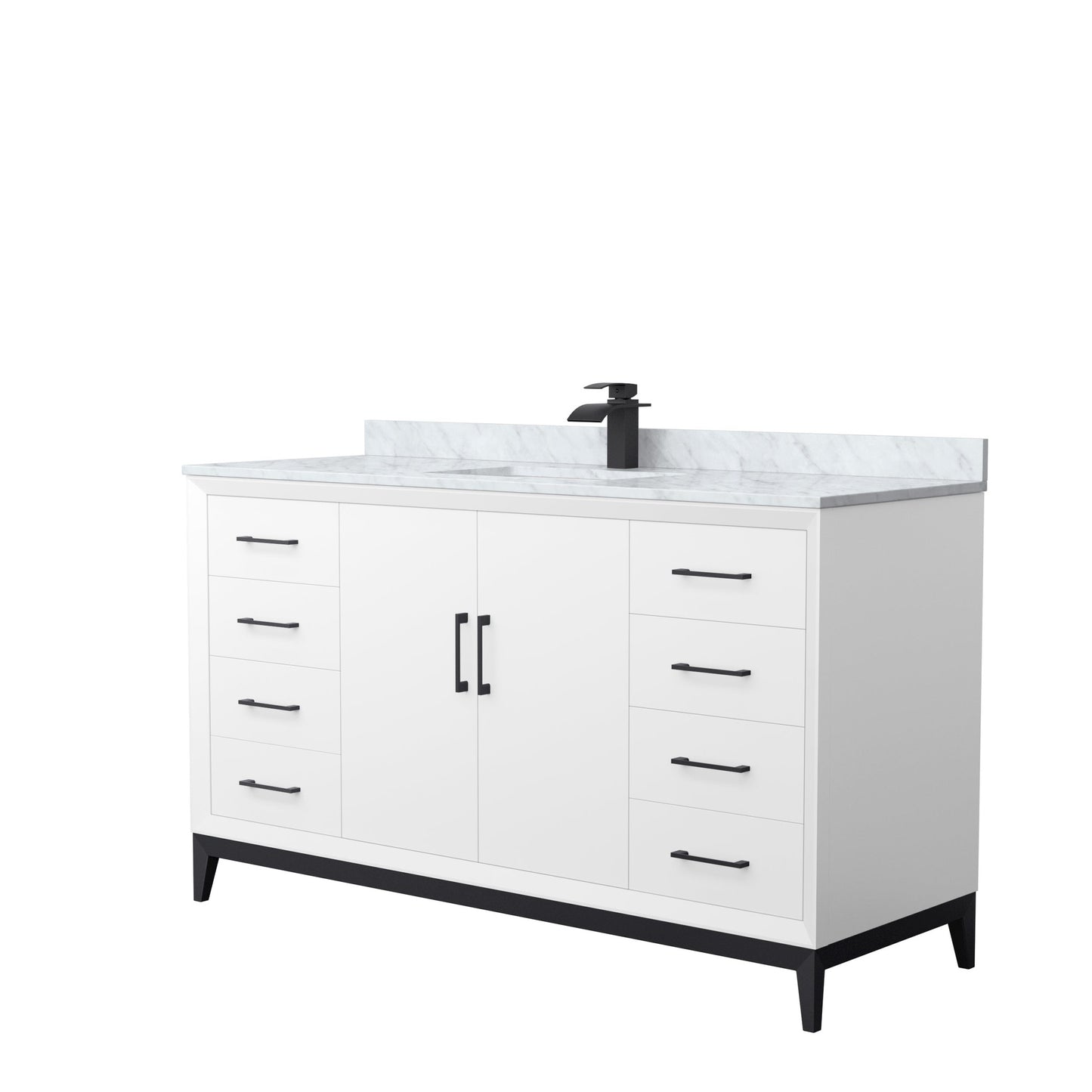 Wyndham Collection Amici 60" Single Bathroom Vanity in White, White Carrara Marble Countertop, Undermount Square Sink, Matte Black Trim
